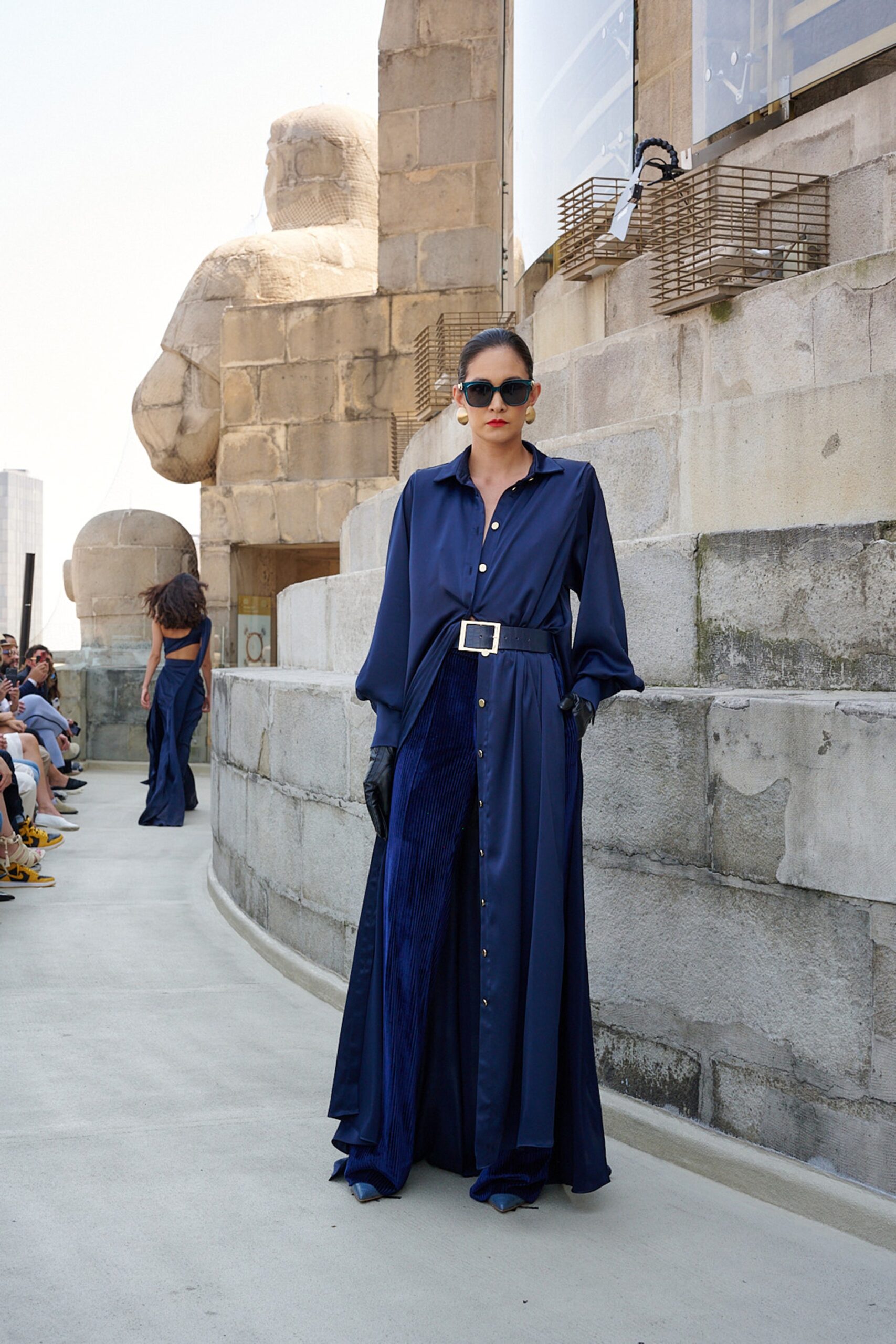 blue silk long-sleeve collared relaxed buttoned belted dress