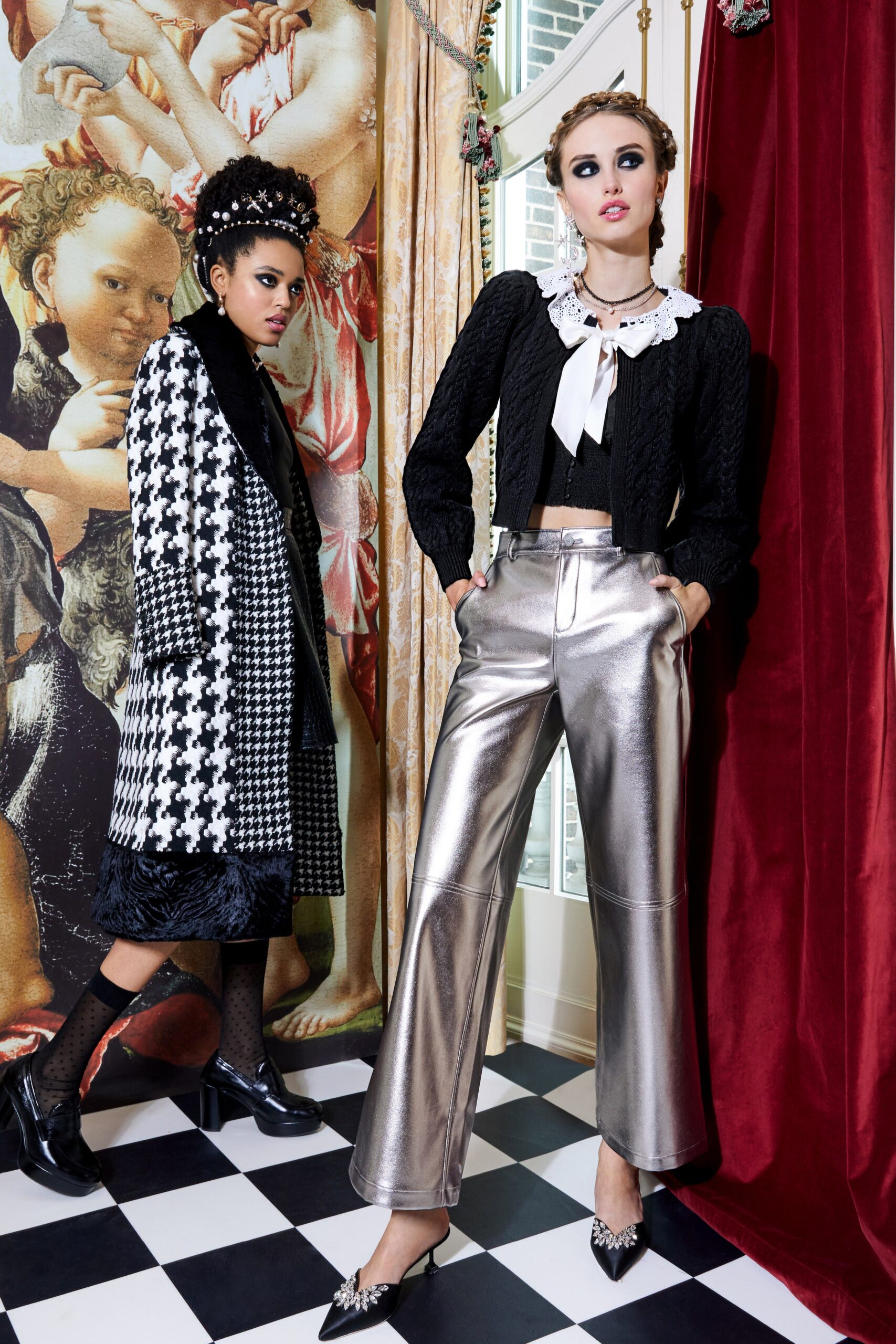 gray metallic relaxed wide-leg shiny pants