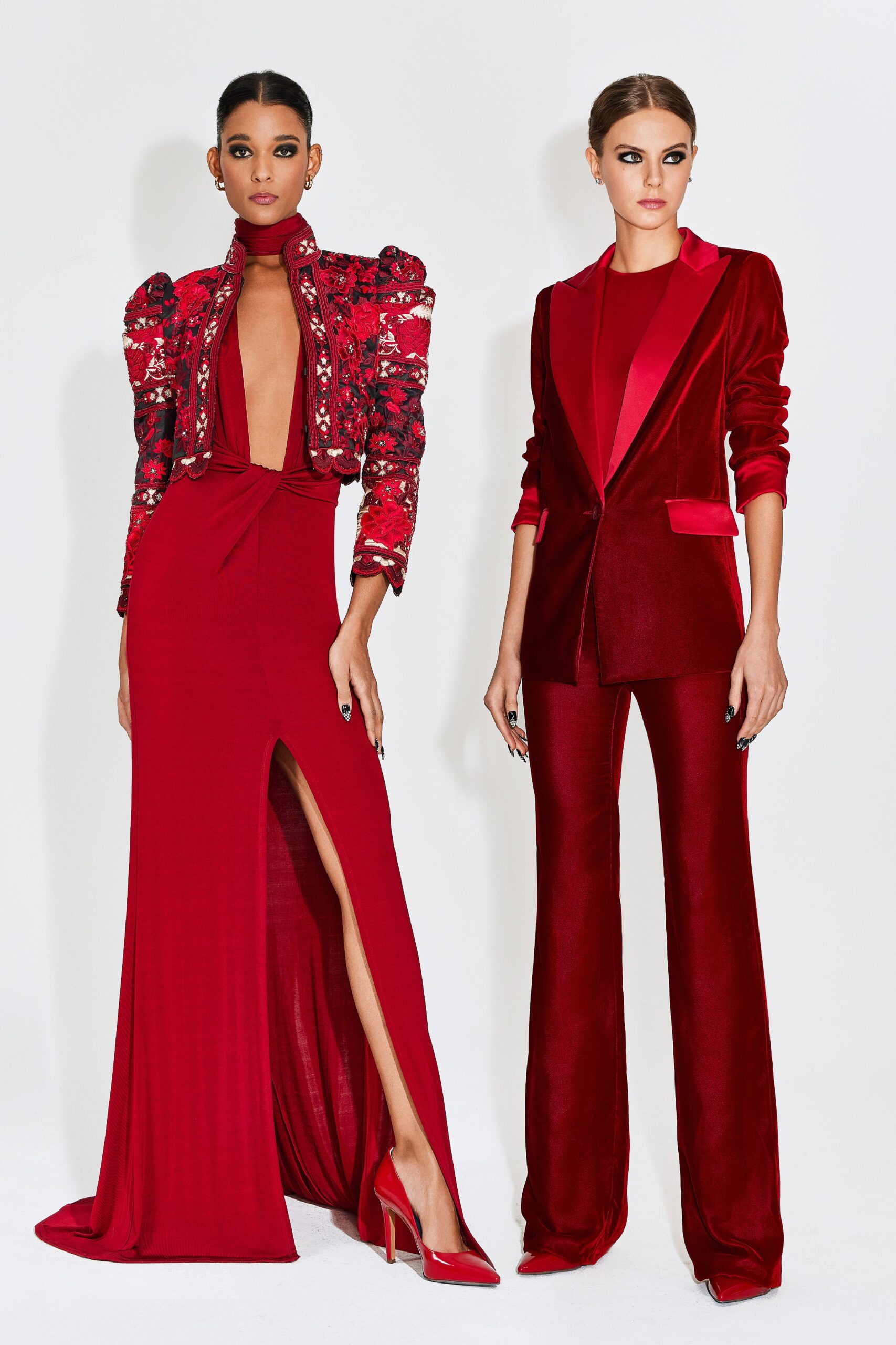 red silk sleeveless v-neck fitted draped maxi gown