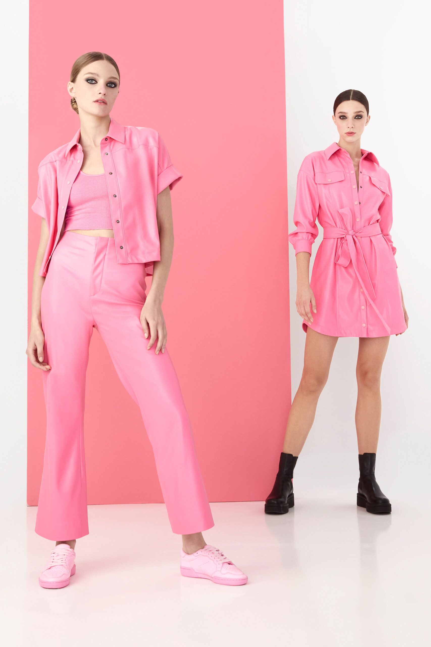 pink leather outfit with black shoes