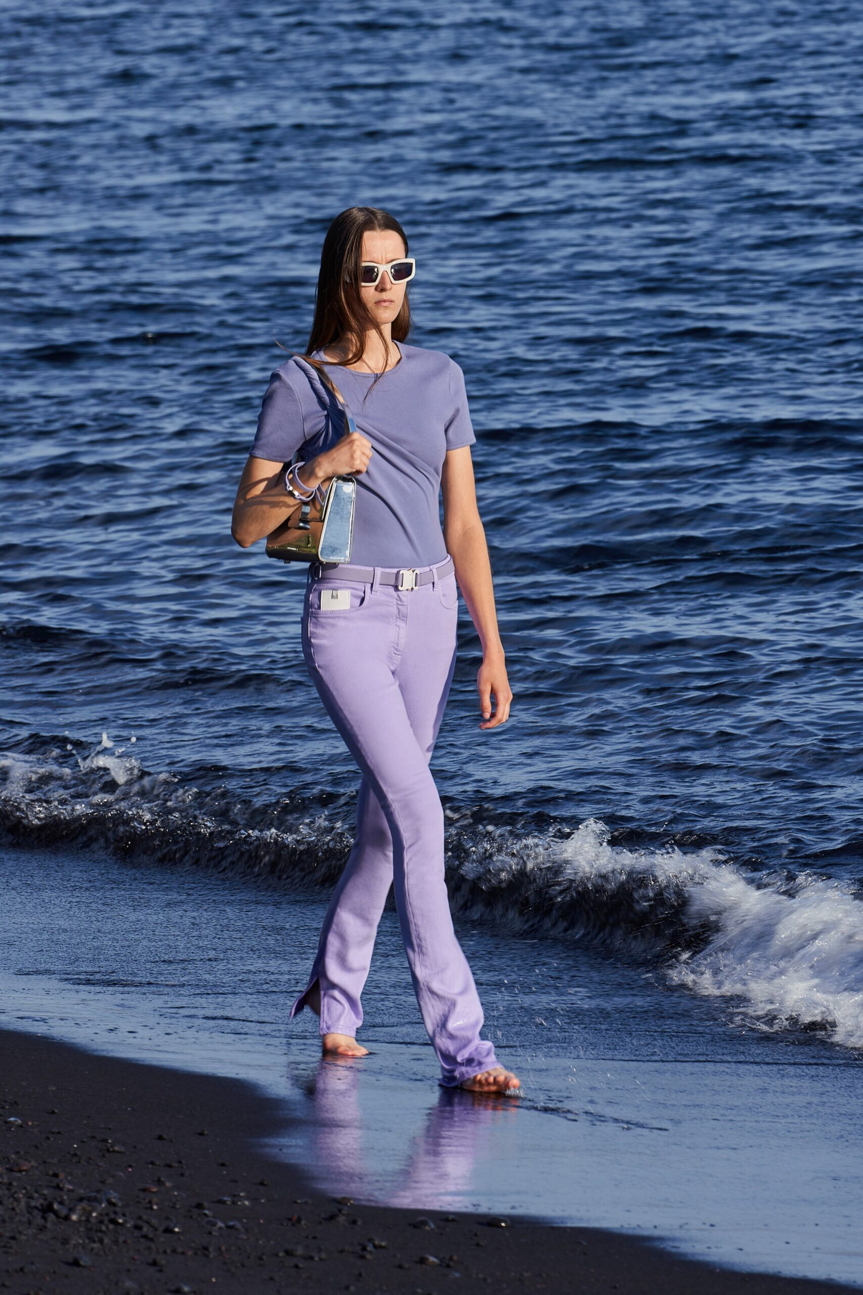 purple fitted top and lavender pants