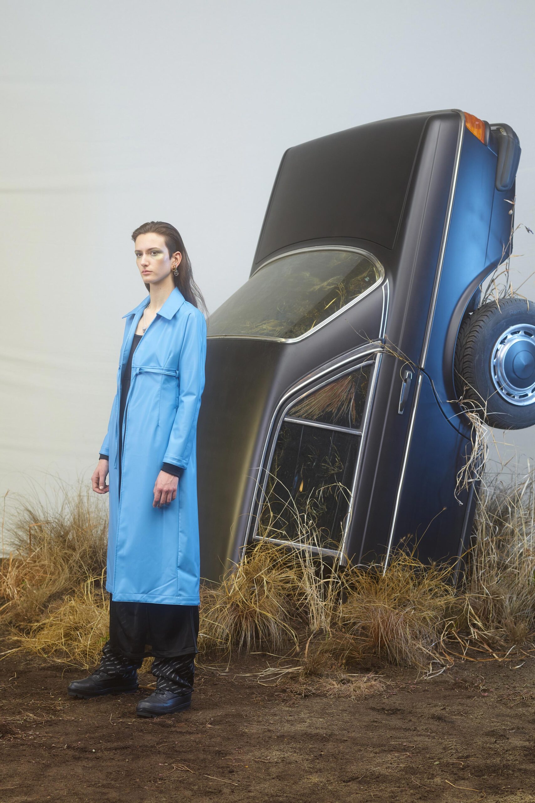 blue vinyl long-sleeve collared relaxed buttoned midi trench
