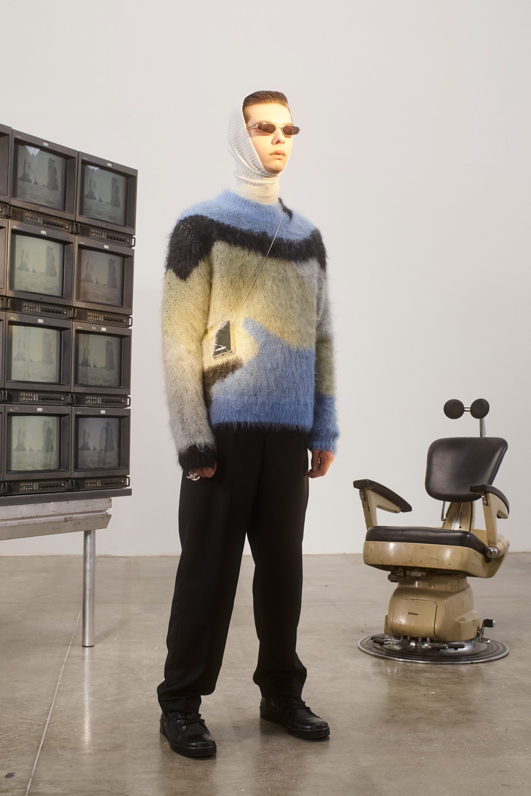 blue wool long-sleeve high-neck relaxed layered textured sweater