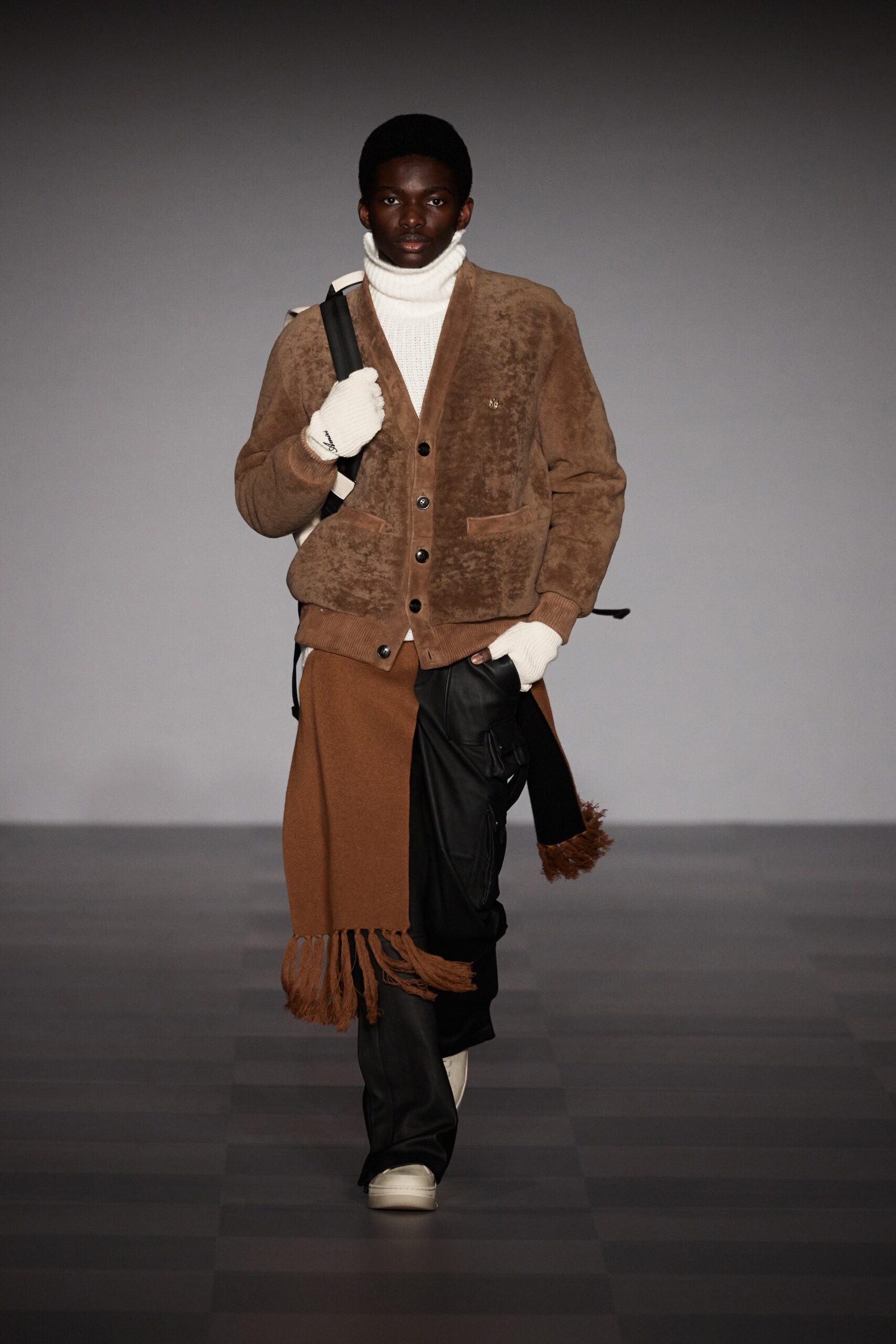 brown suede cardigan with turtleneck