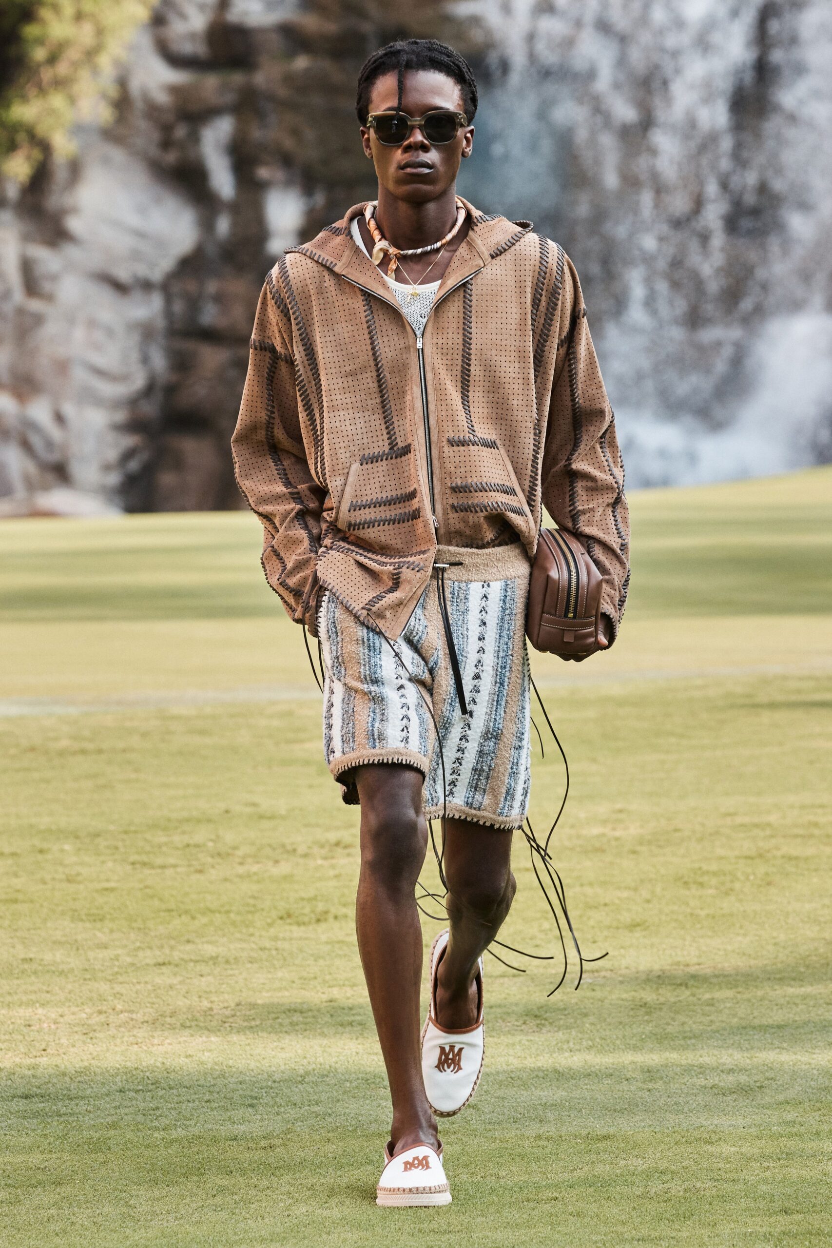 brown relaxed hoodie with striped shorts