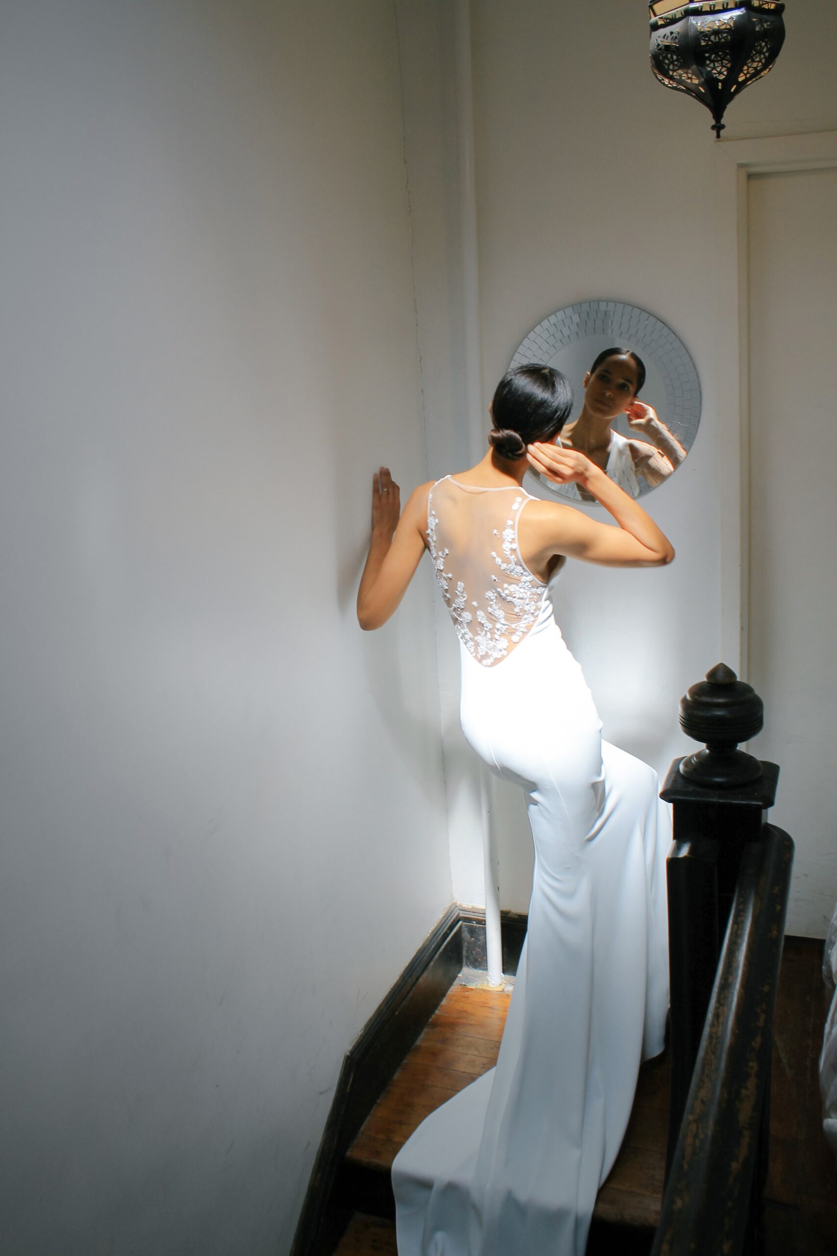 white silk fitted gown