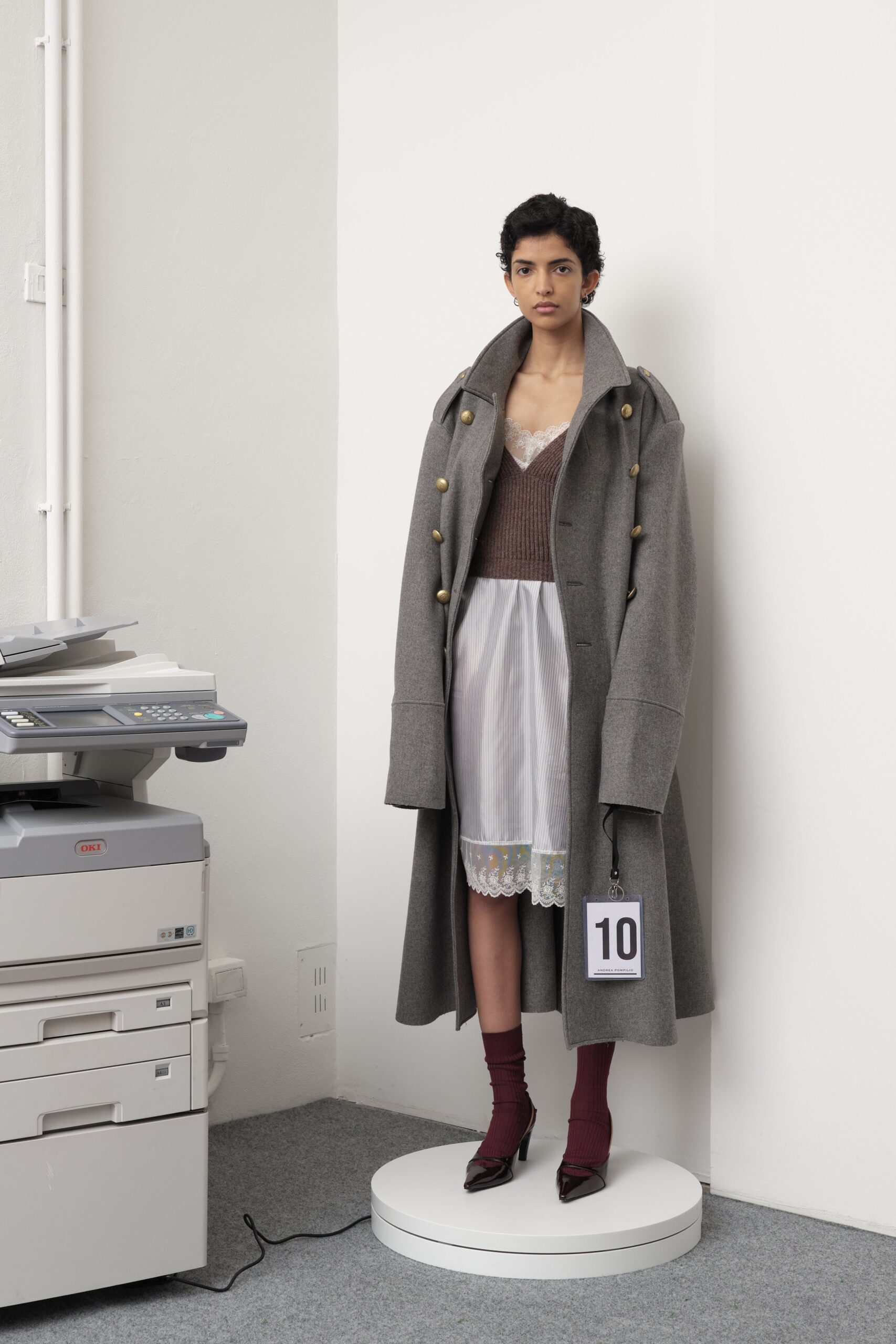 gray oversized coat with white dress