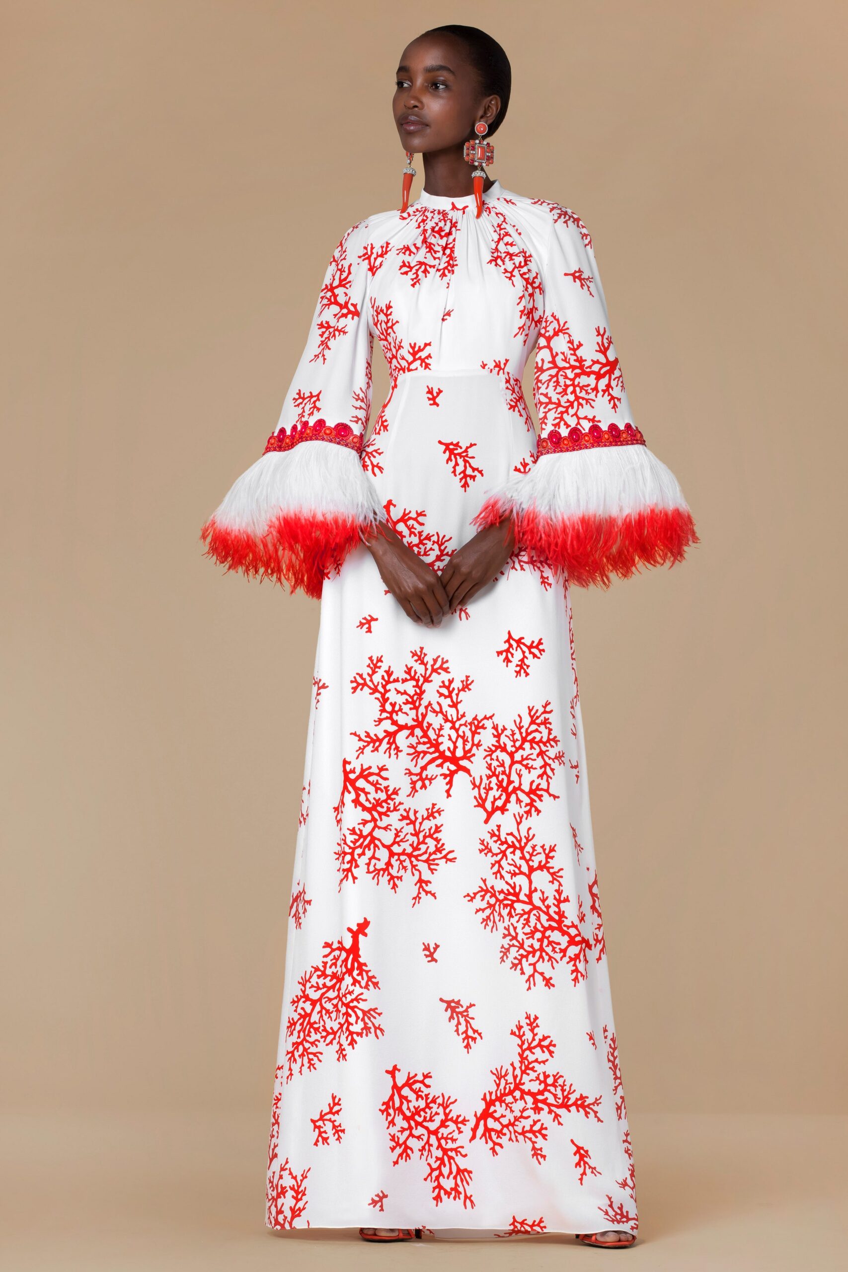 white silk embroidered gown