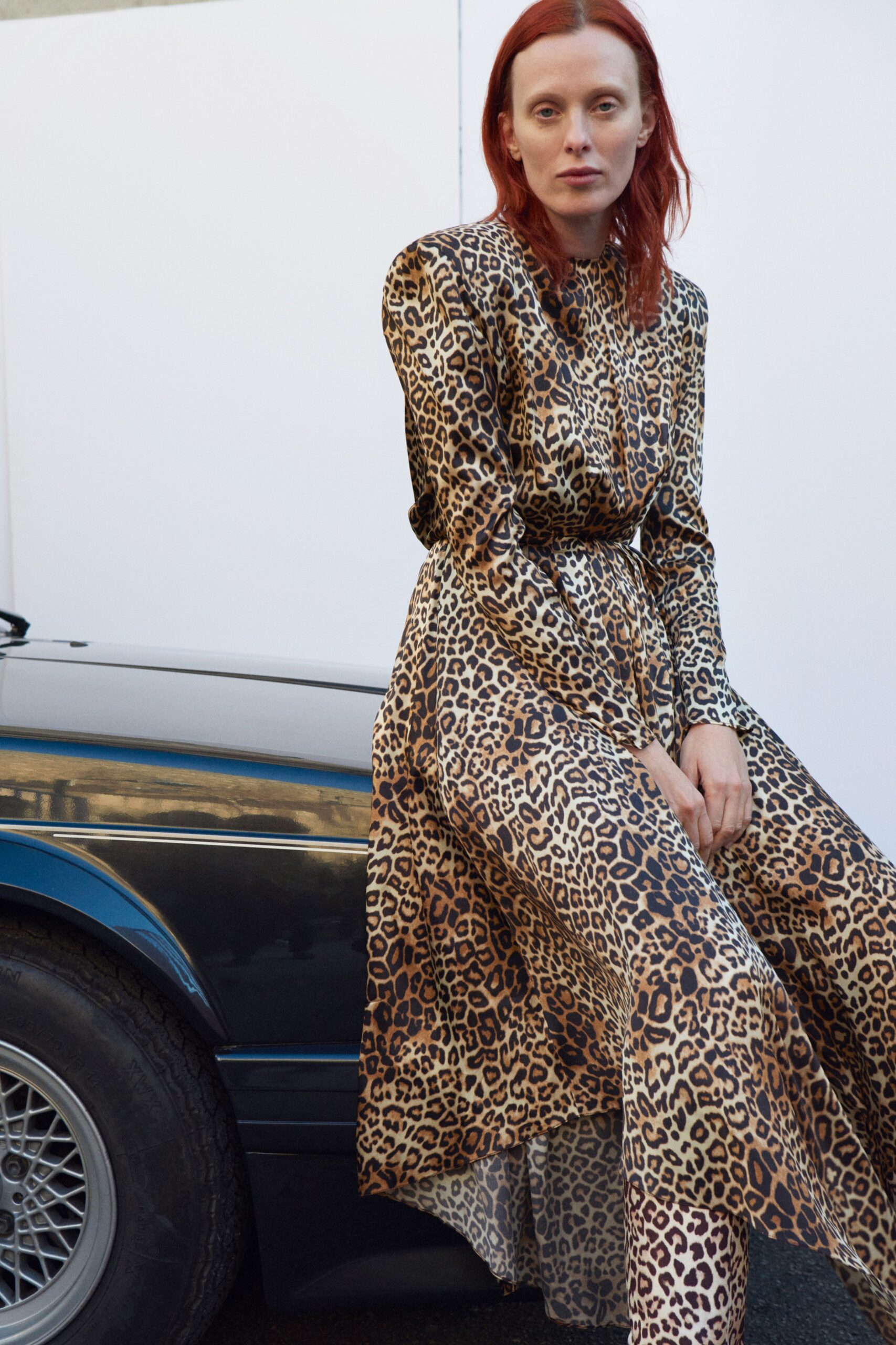 brown beige animal-print midi dress