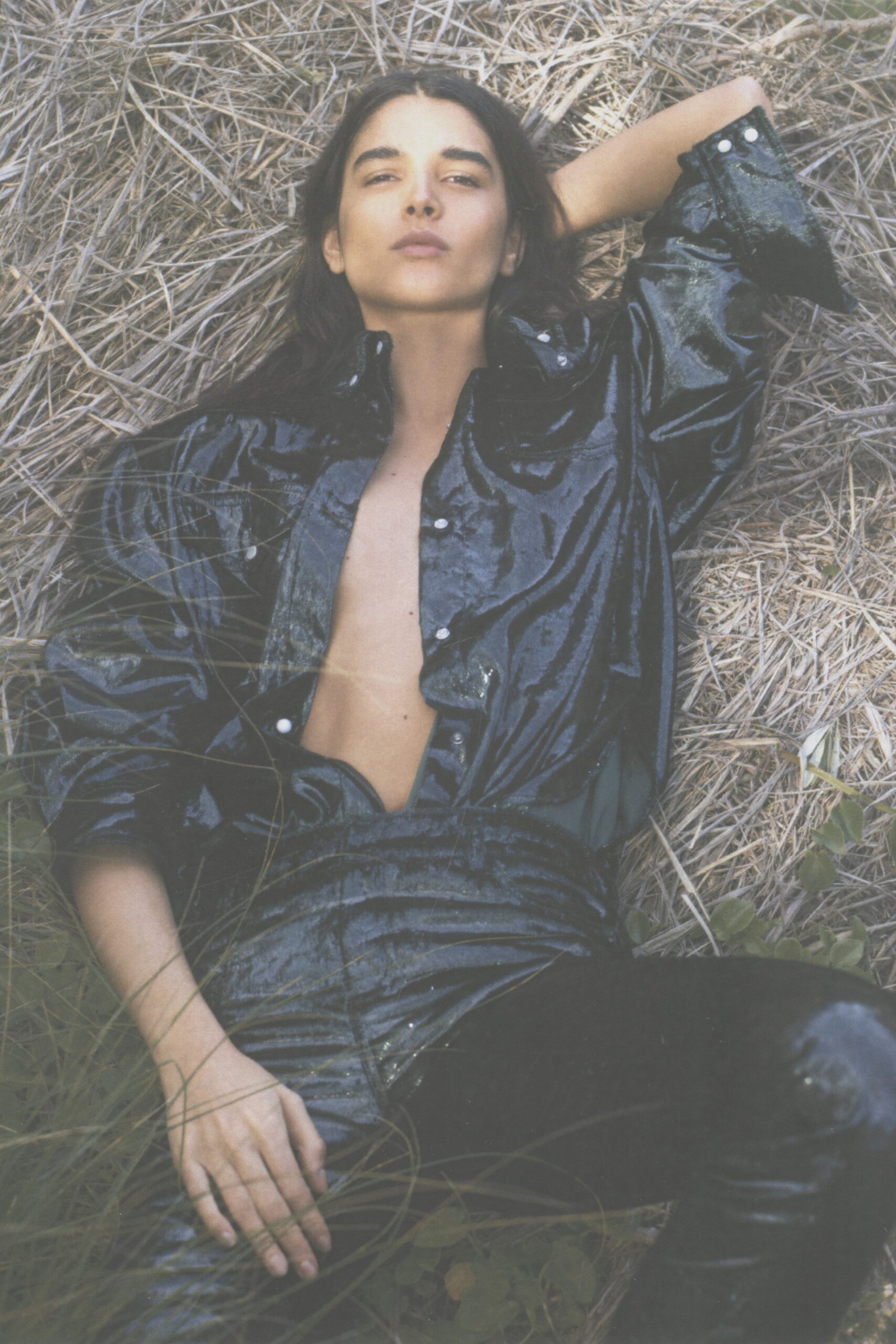 black vinyl fitted shirt and pants