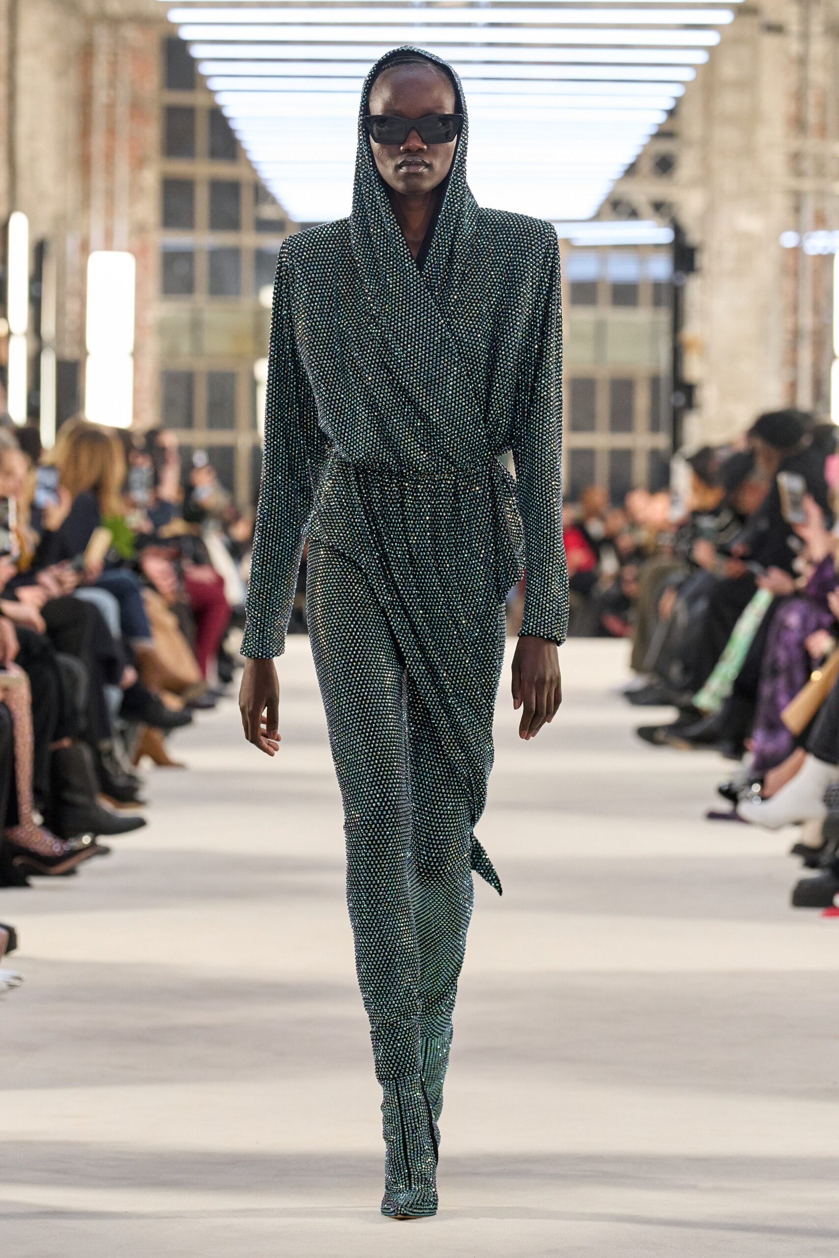 fitted green silk jumpsuit