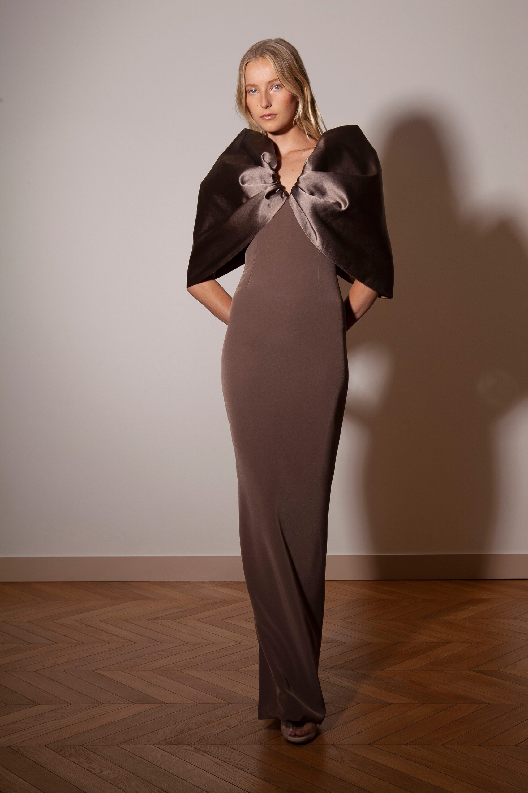 brown silk gown with cape