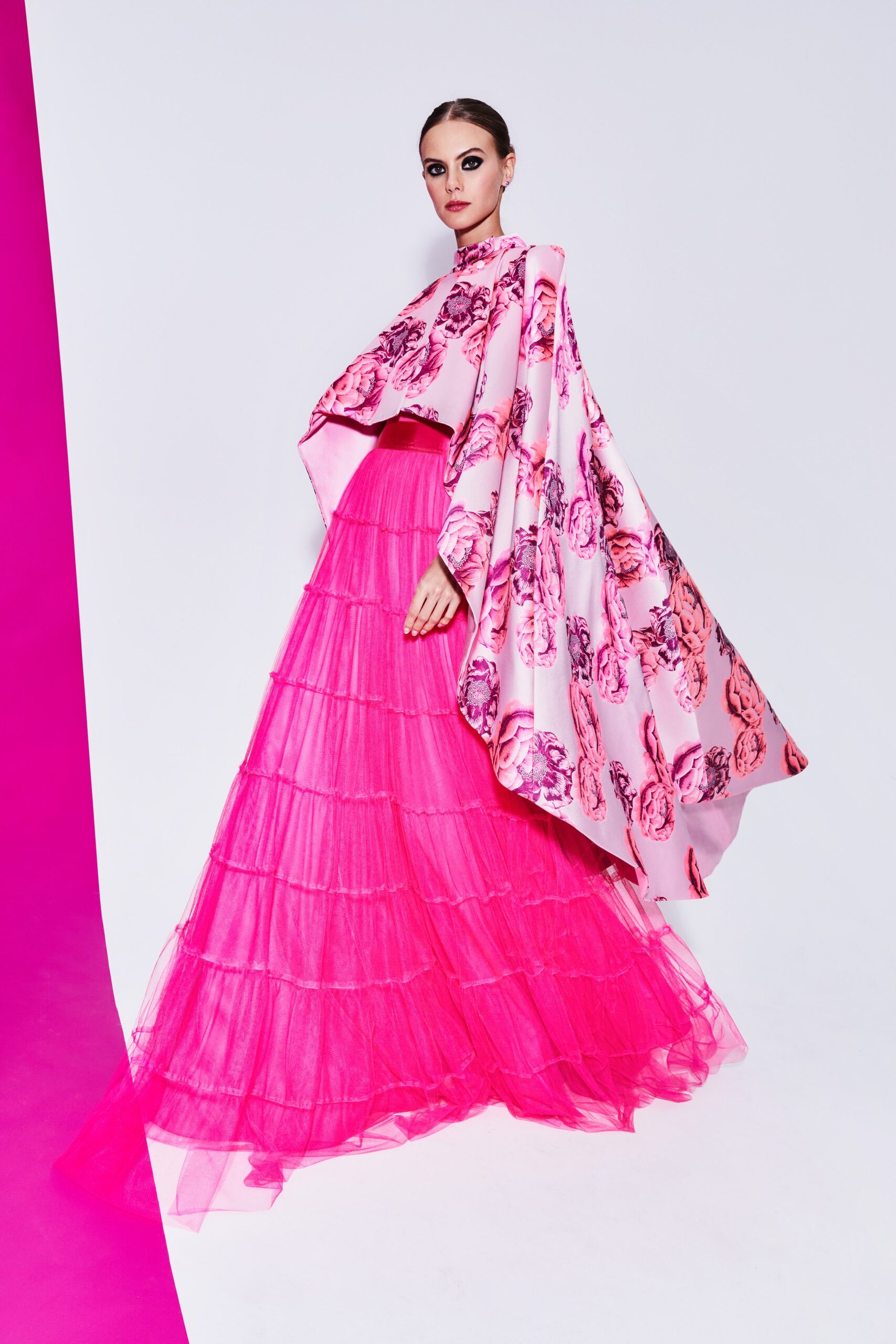 pink silk sleeveless relaxed floral cape