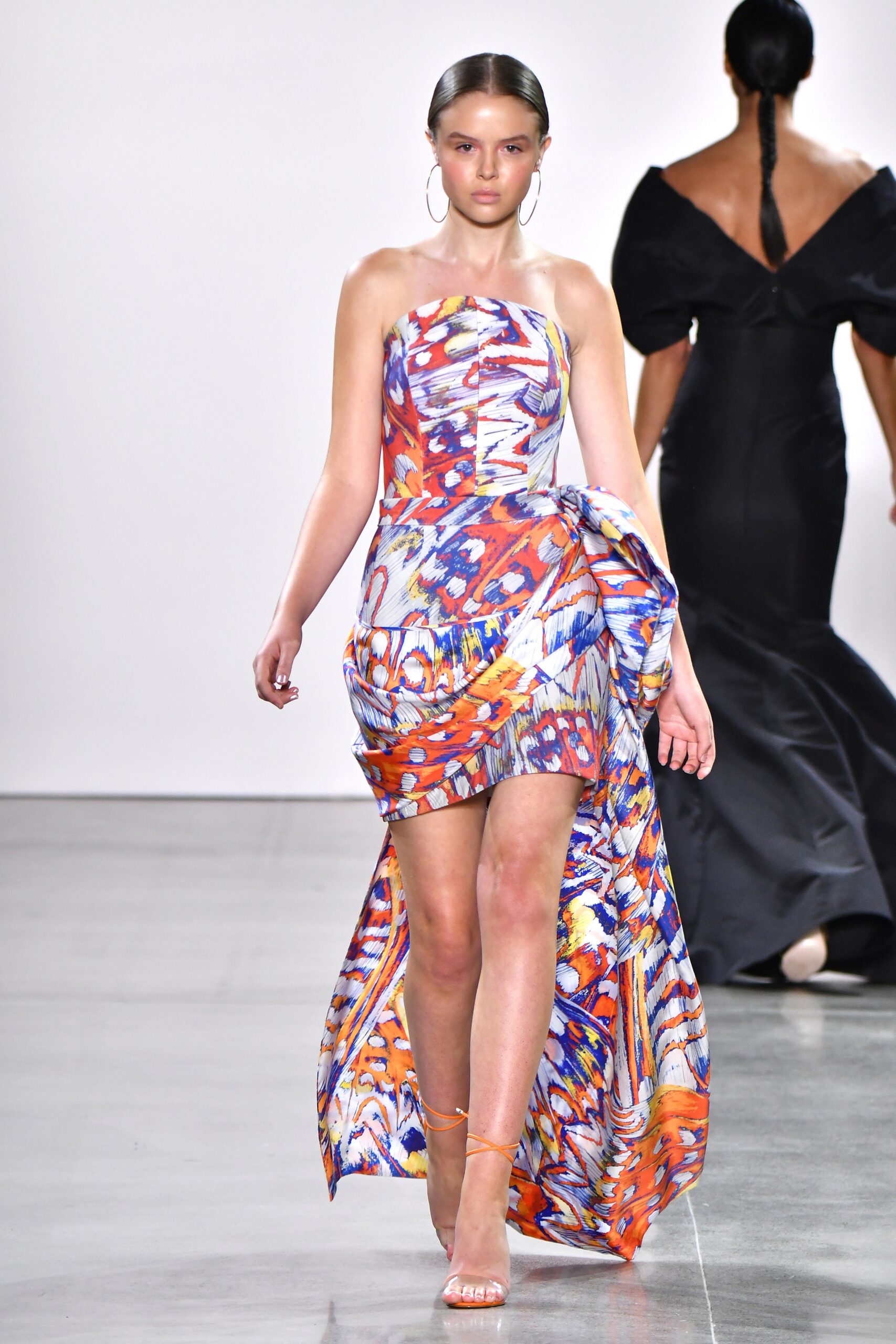orange blue white strapless dress