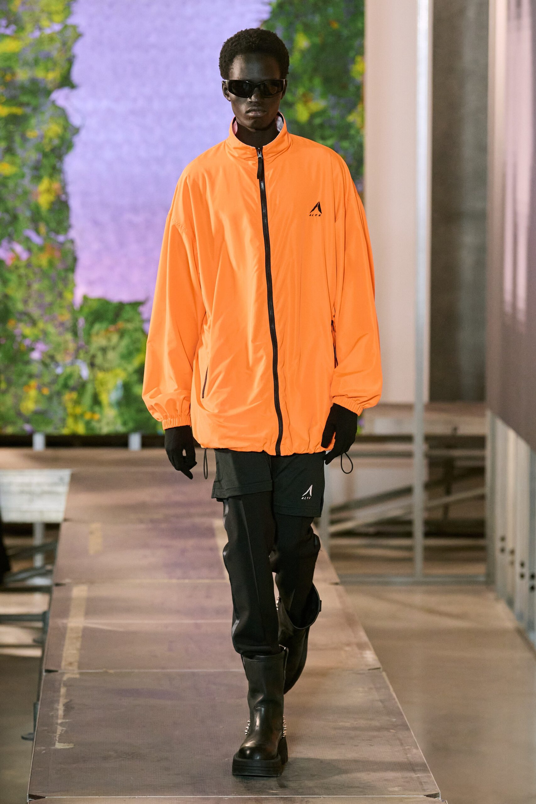orange jersey long-sleeve collared oversized zippered jacket