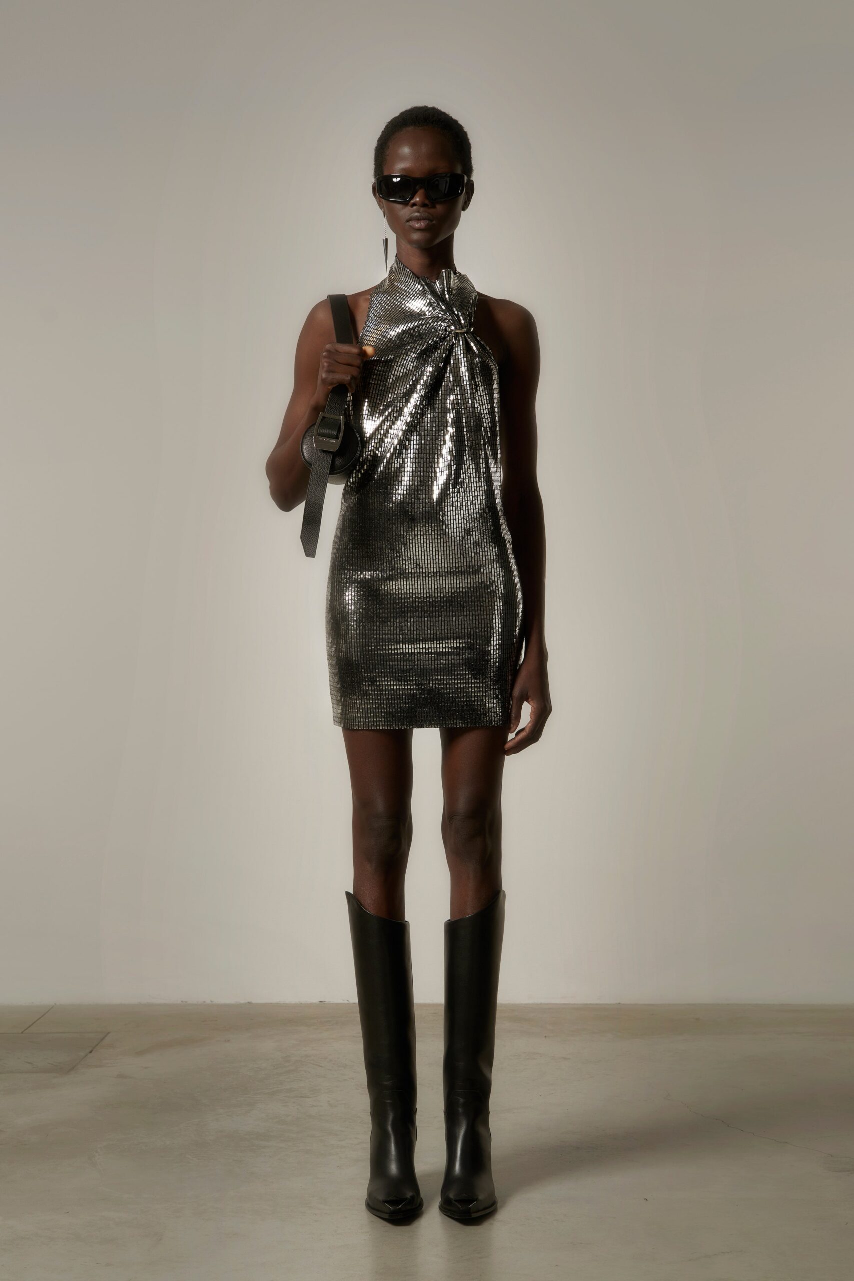 gray sequin sleeveless high-neck fitted draped shiny dress