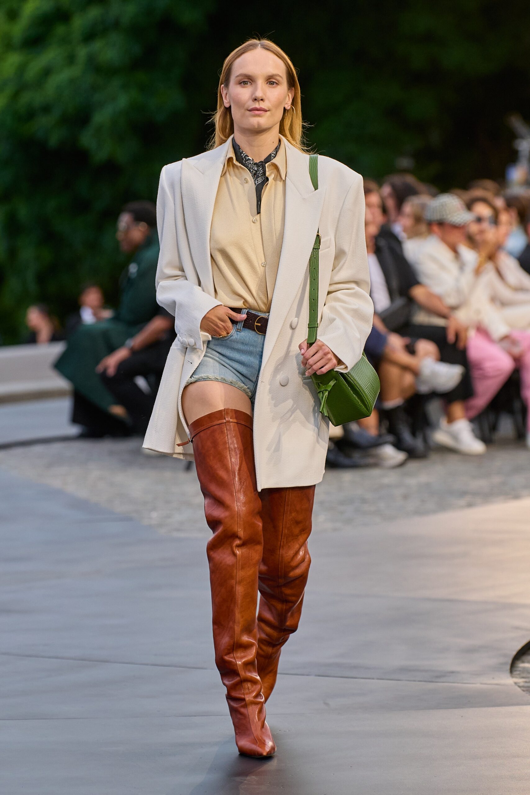 white tailored blazer with denim shorts