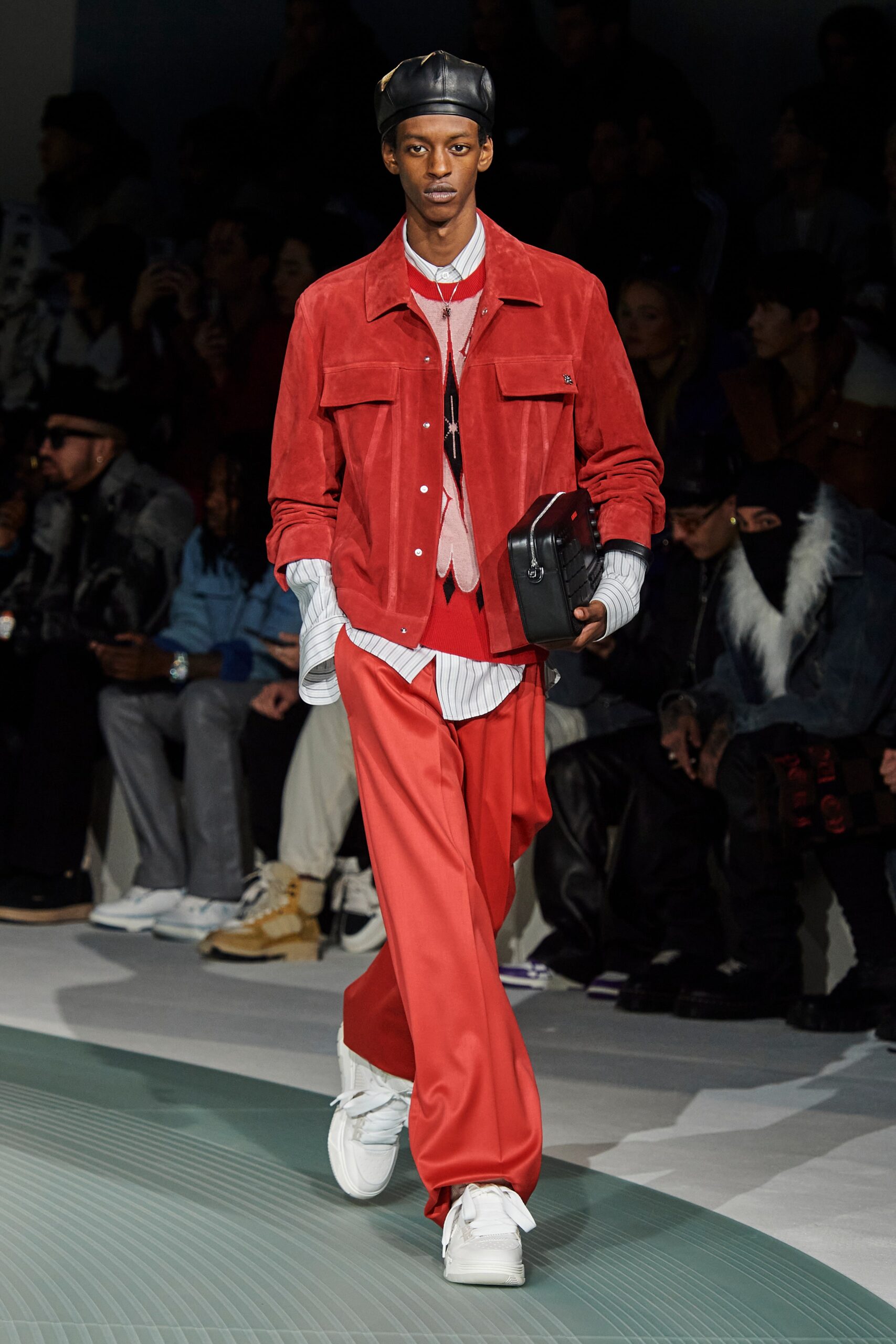 red suede jacket with white shirt