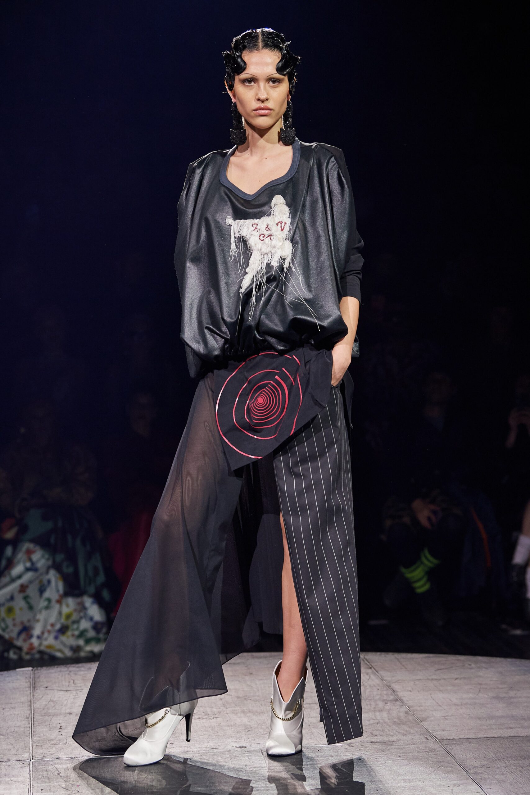 black silk top with asymmetric skirt