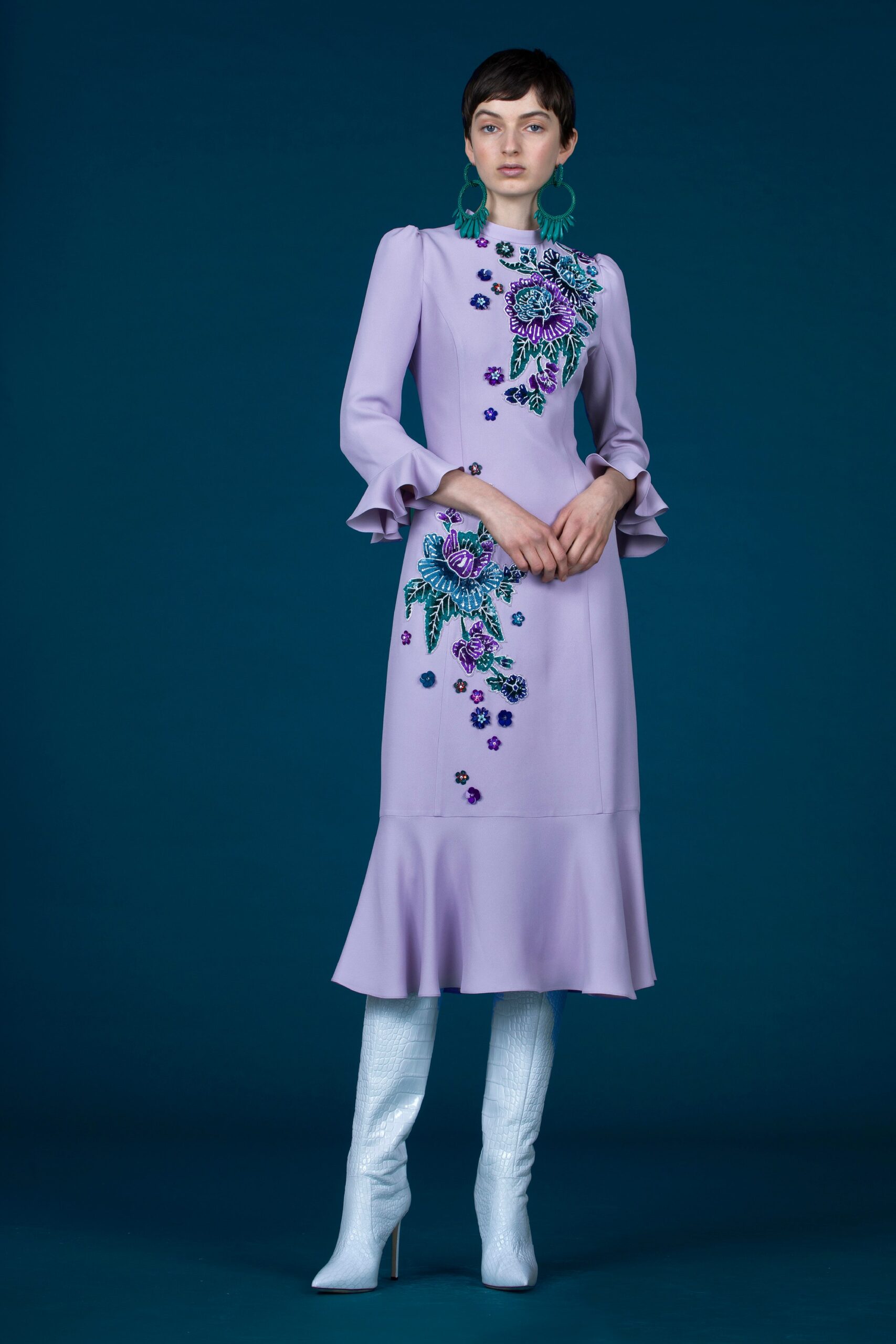 lavender embroidered midi dress