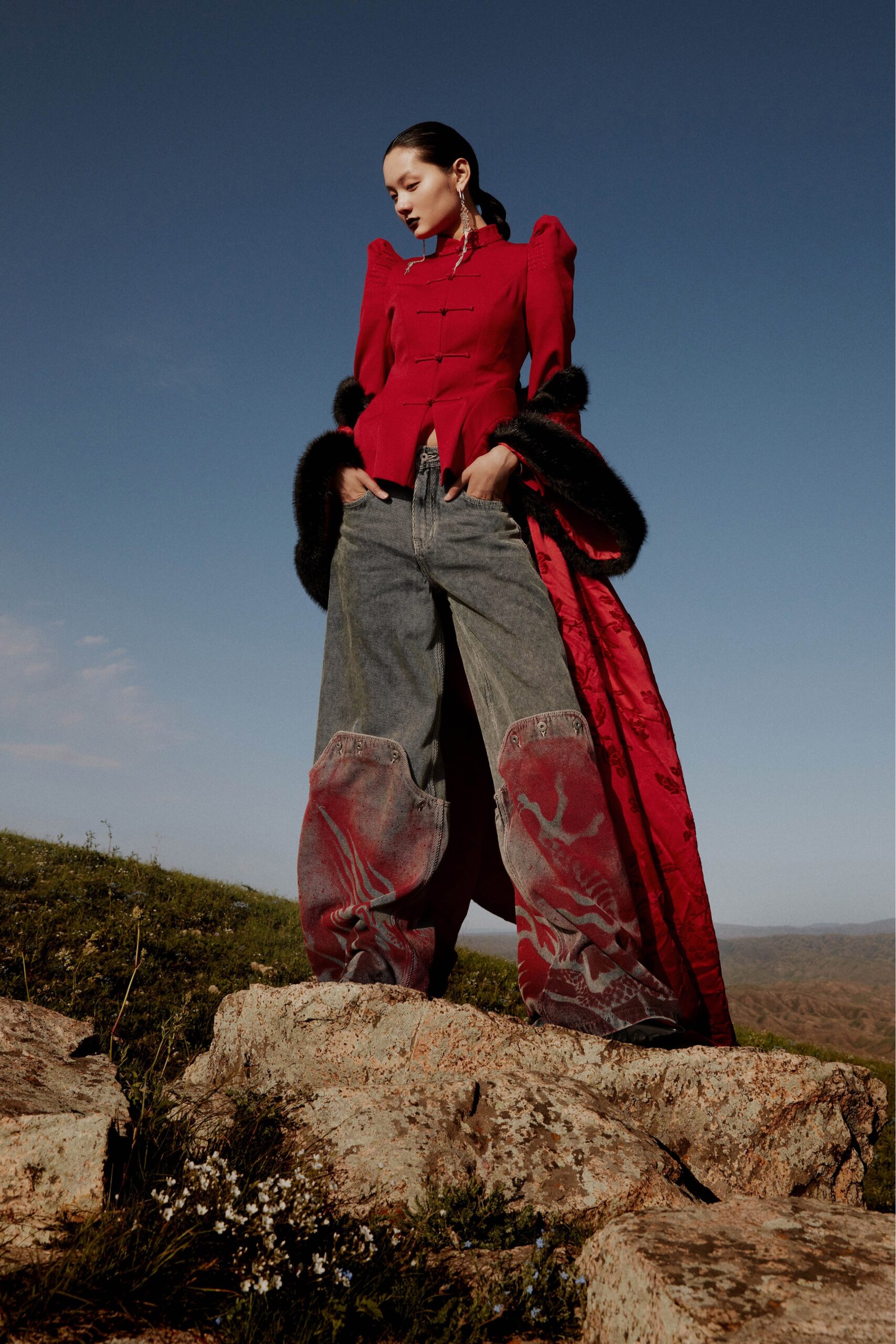red silk long-sleeve collared fitted buttoned draped coat