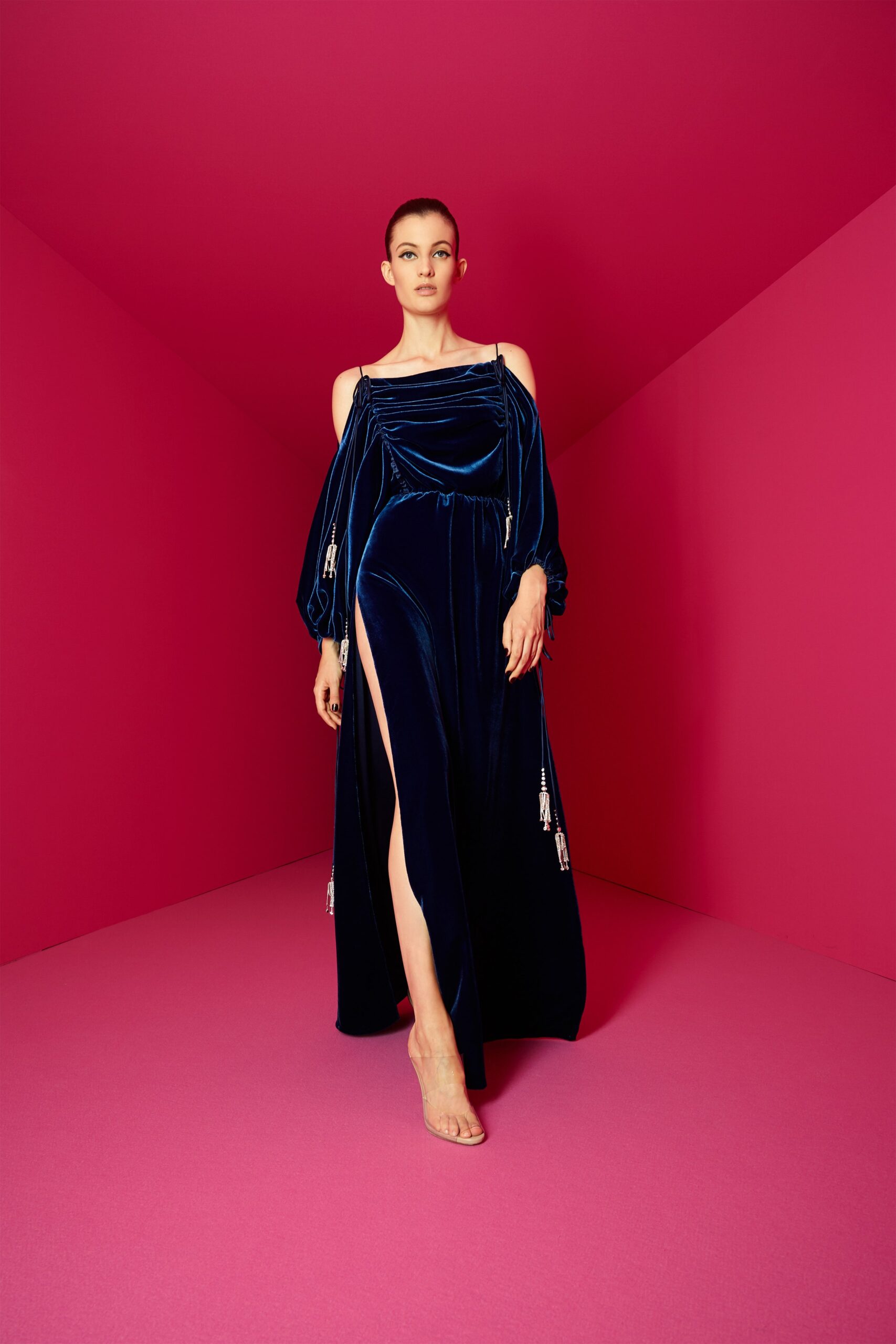 blue velvet off-shoulder gown