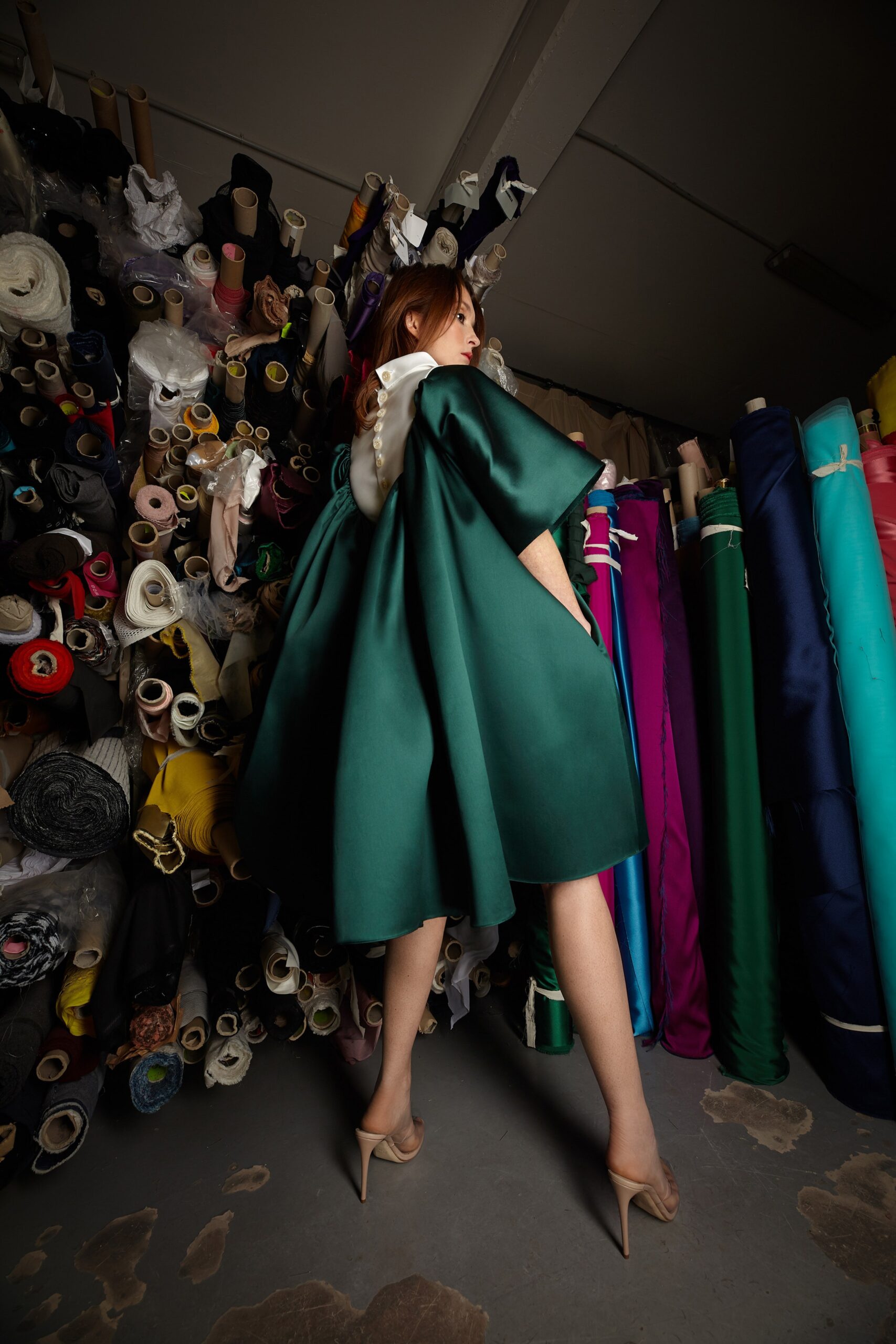 green silk cape with beige shoes