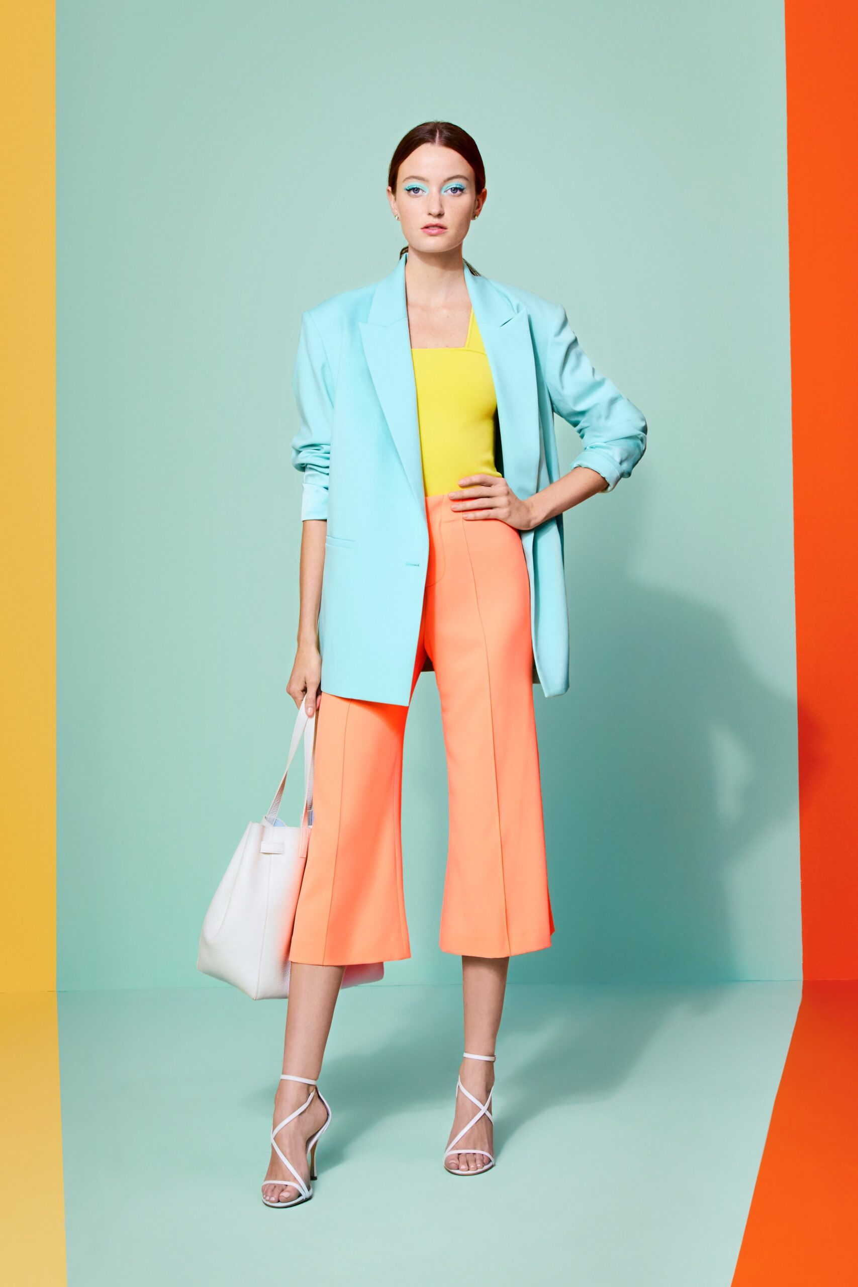 blue tailored blazer with yellow top