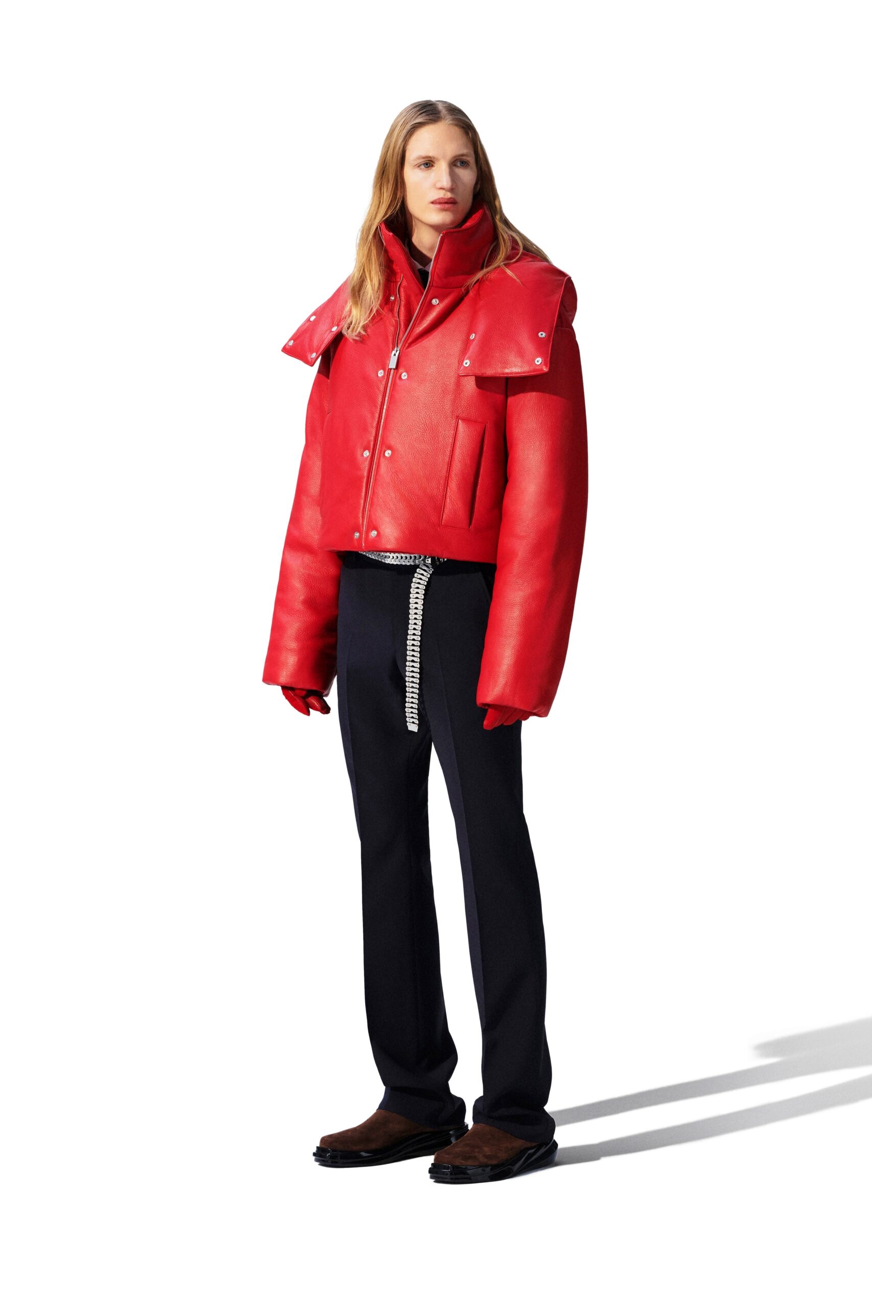 red leather long-sleeve collared oversized zippered jacket