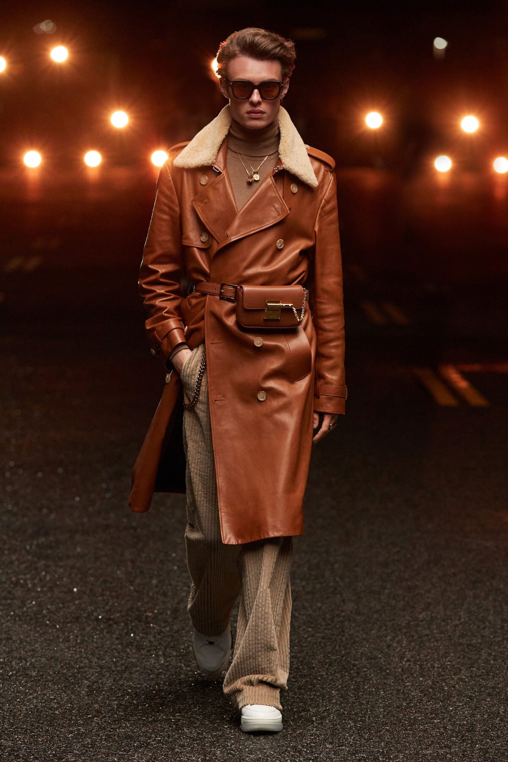brown leather long-sleeve collared tailored belted coat