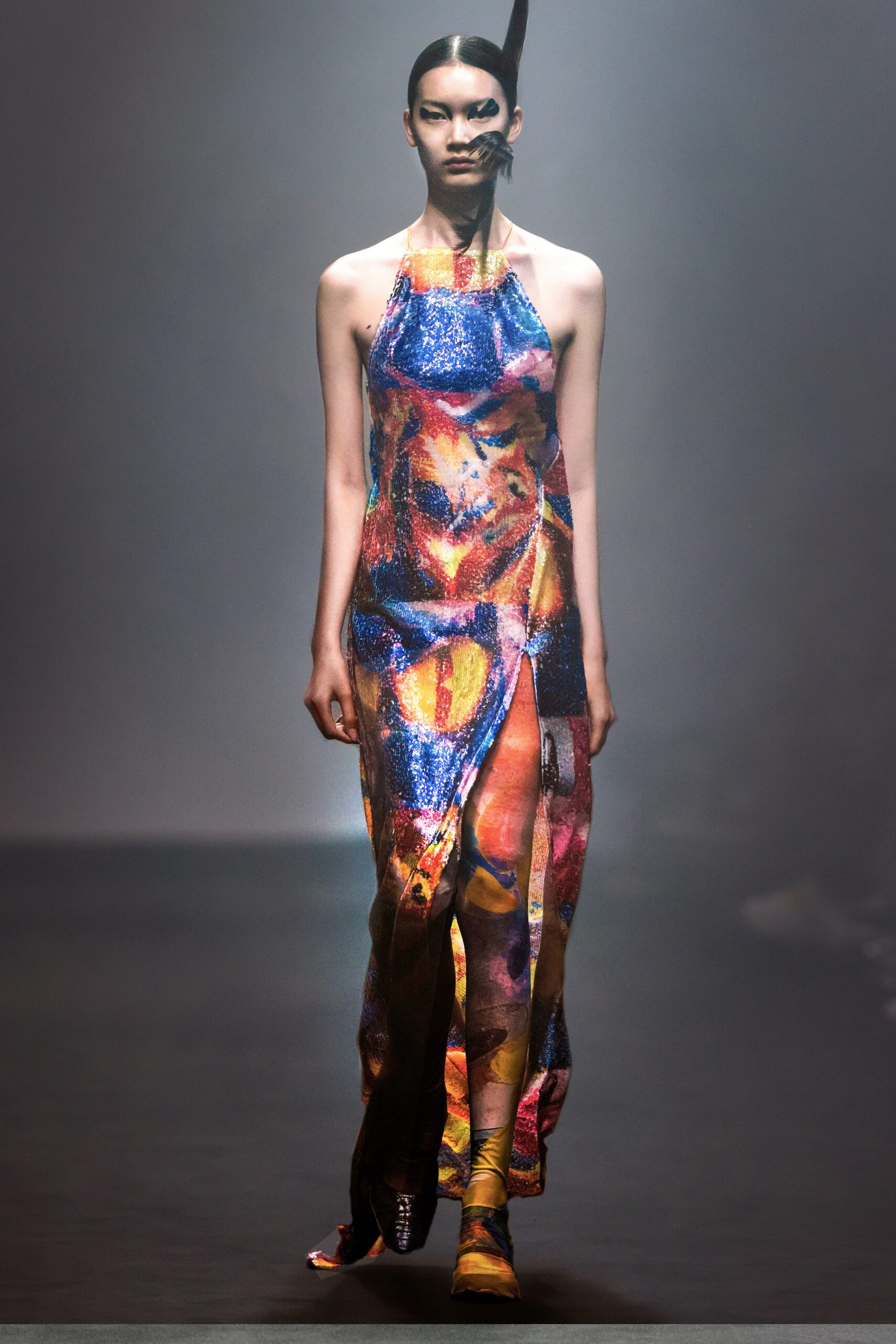 multi-colored shiny halter gown