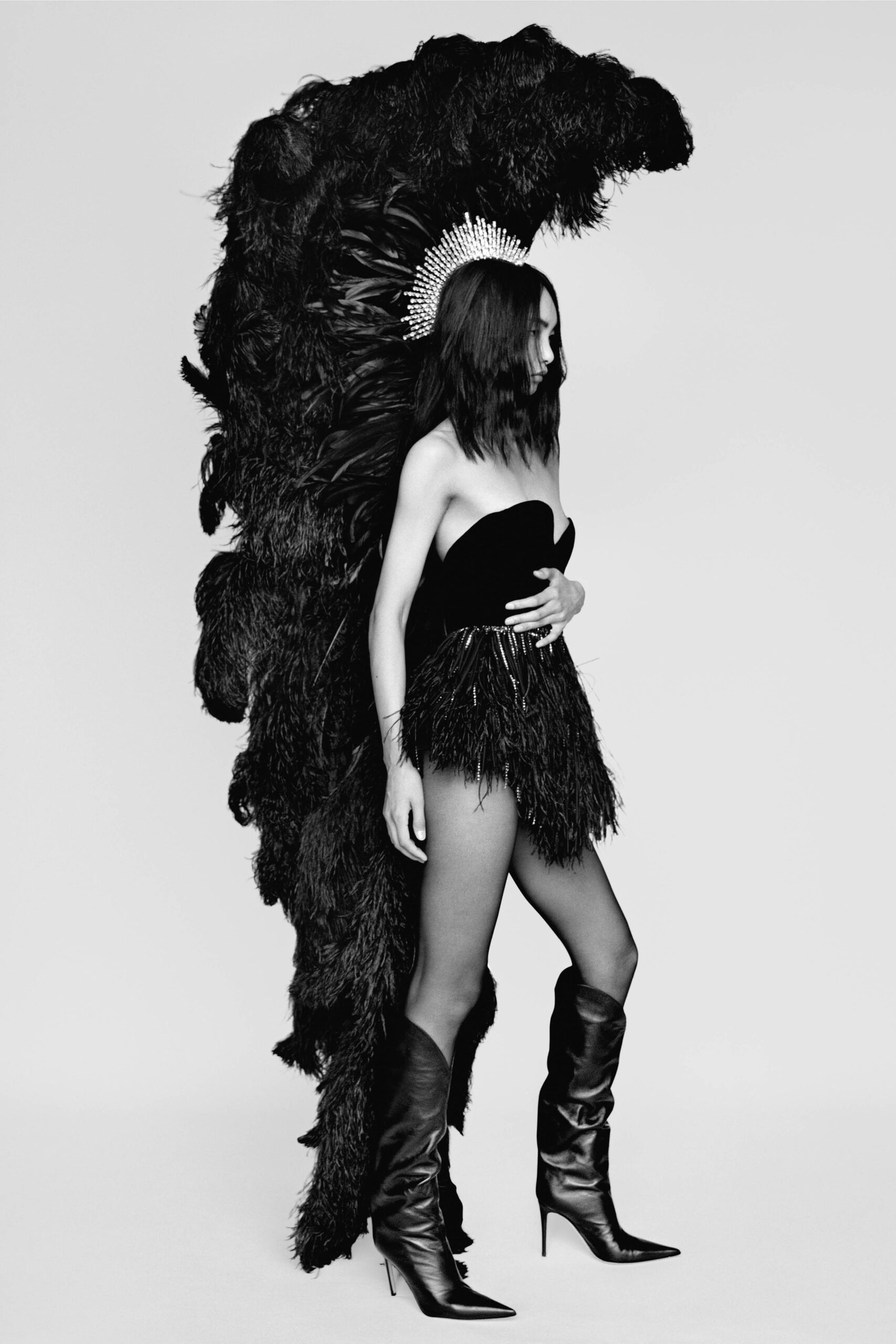 black feather mini dress with boots