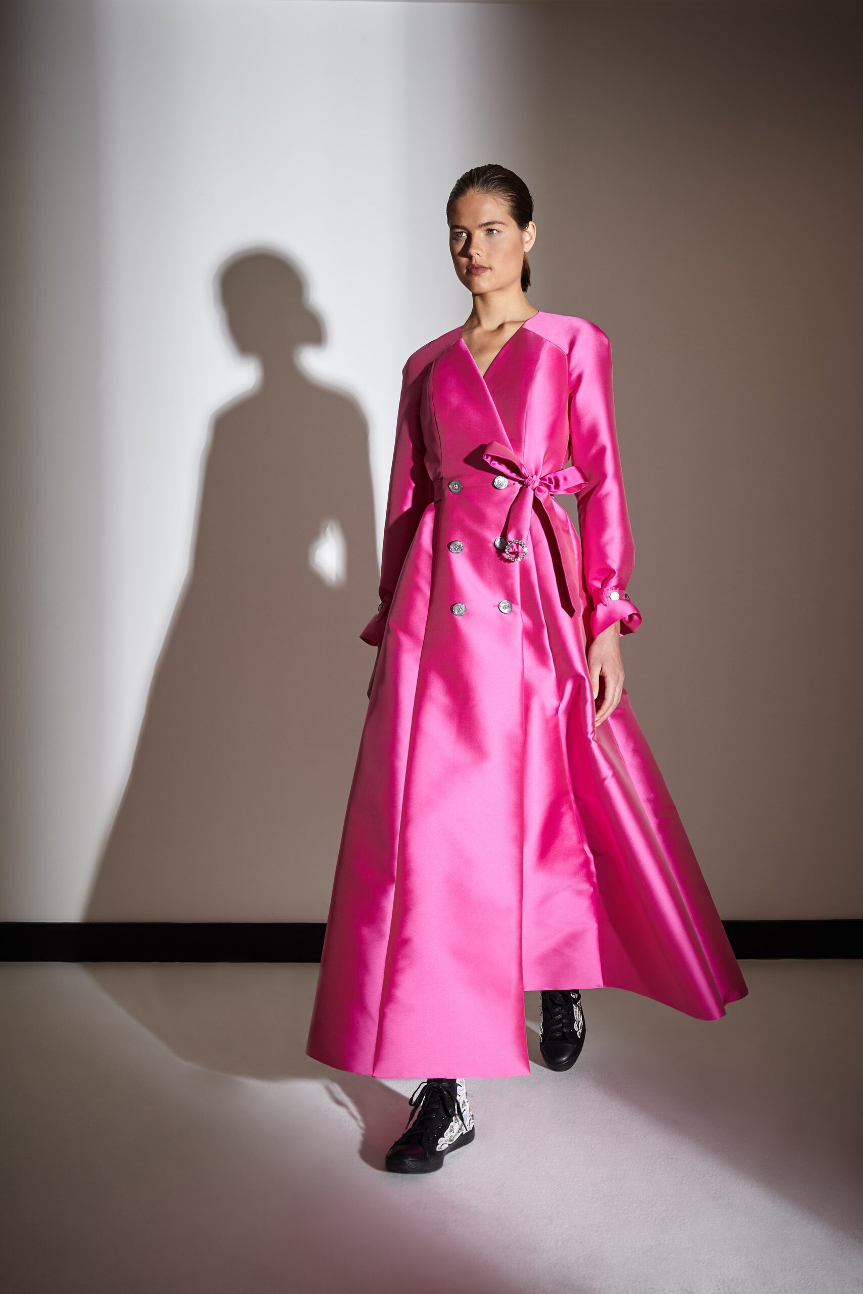 pink silk long-sleeve gown
