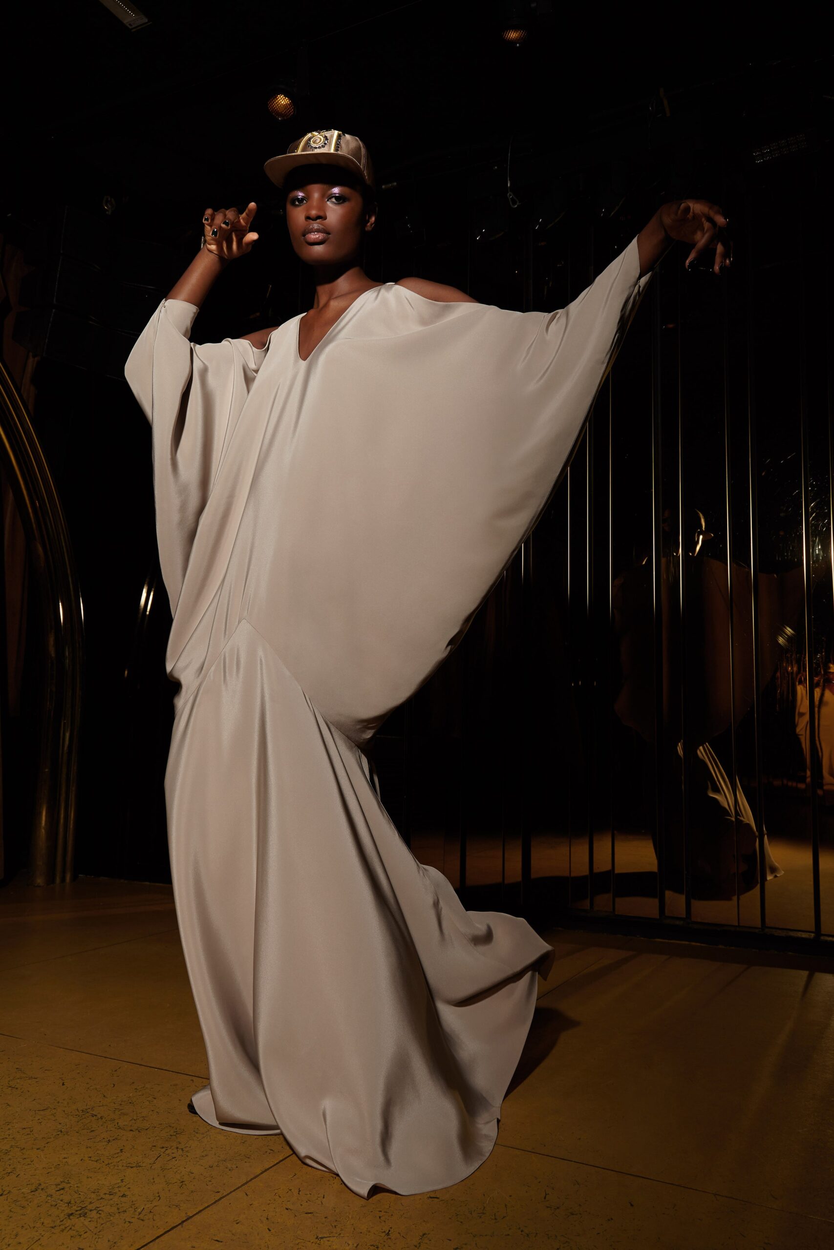 beige silk off-shoulder gown