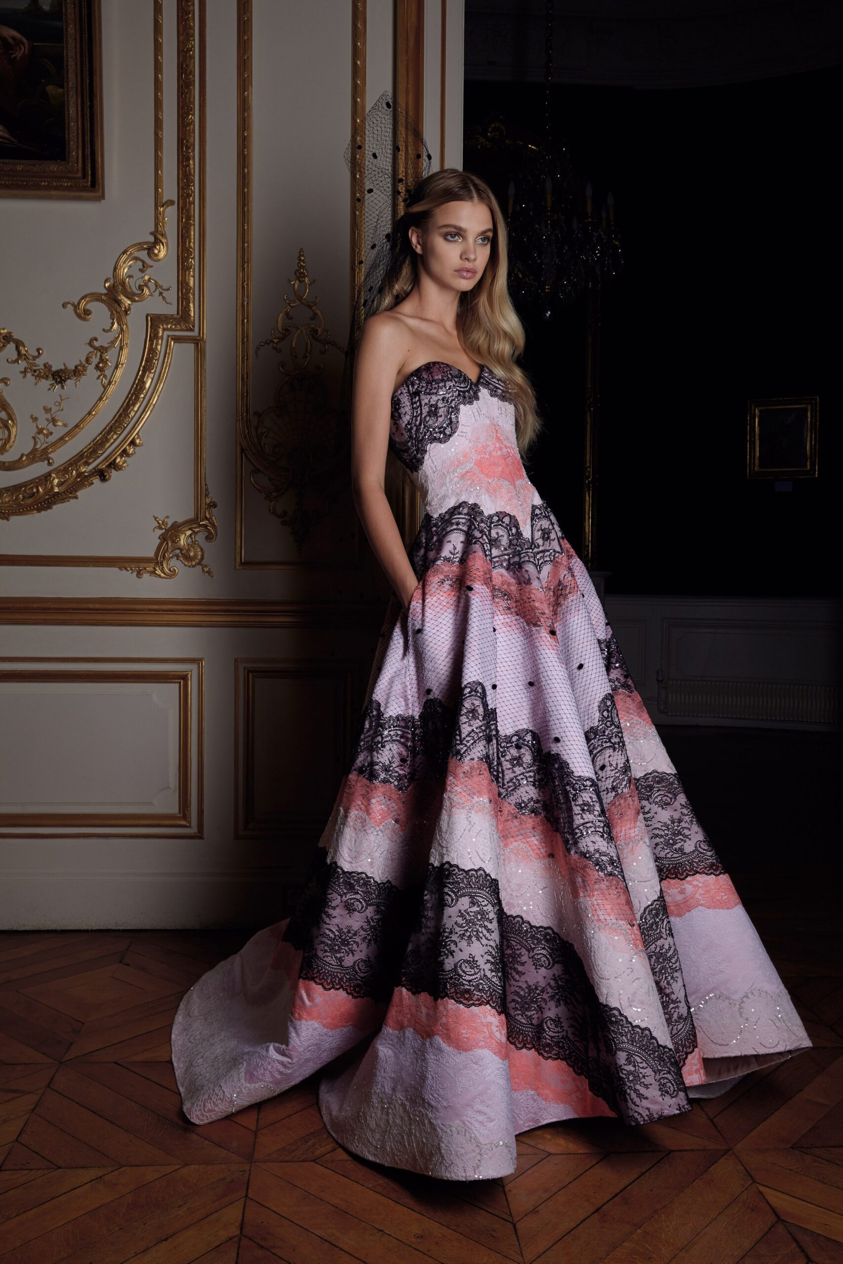 pink black white tiered gown