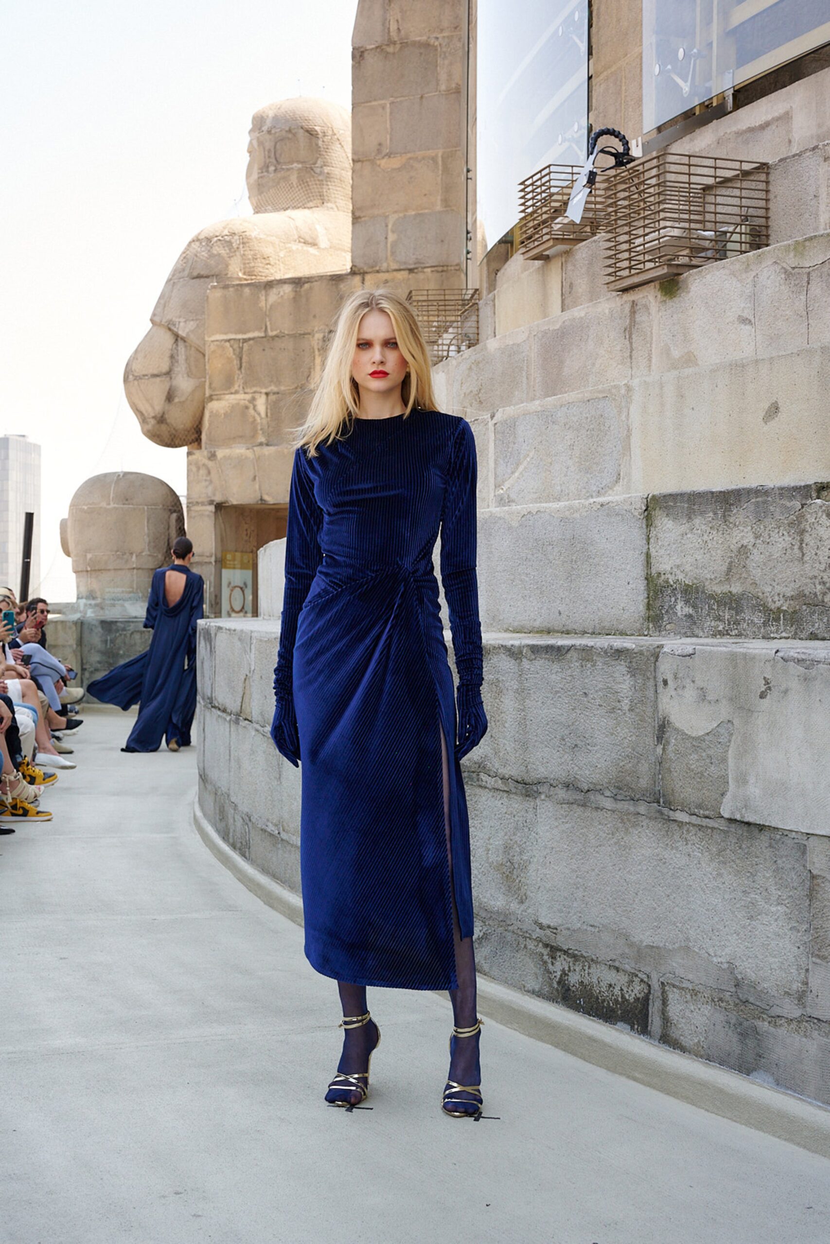 blue velvet long-sleeve dress