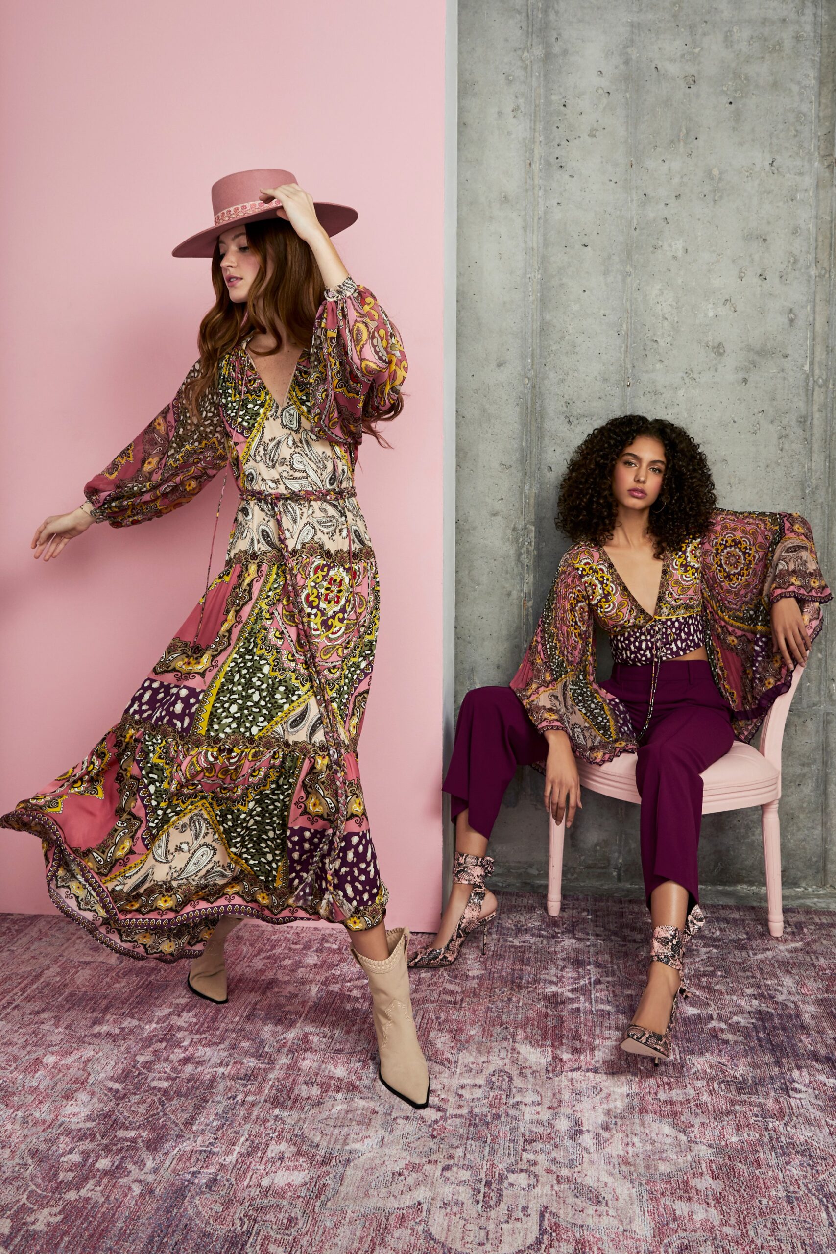 pink silk long-sleeve v-neck relaxed flared printed dress