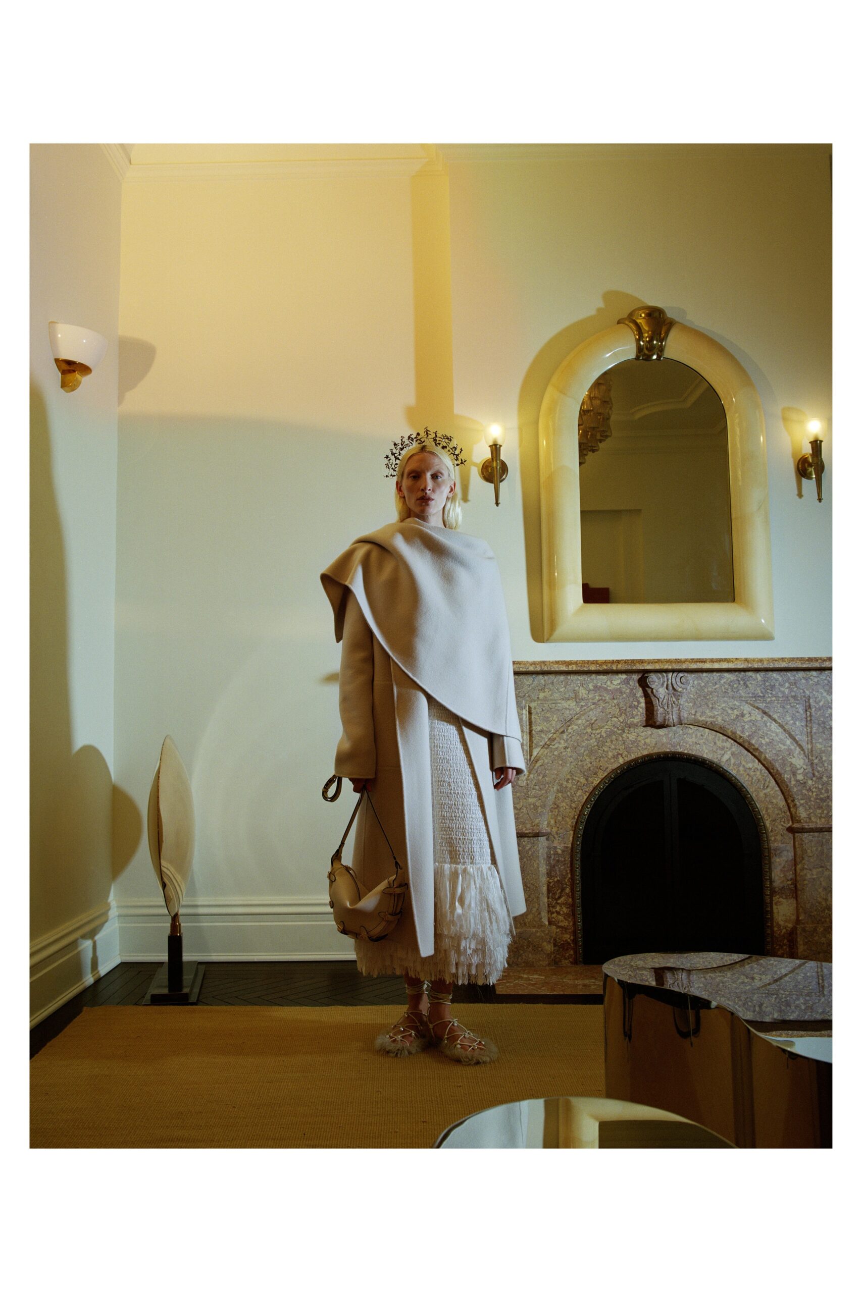 beige wool cape and white dress