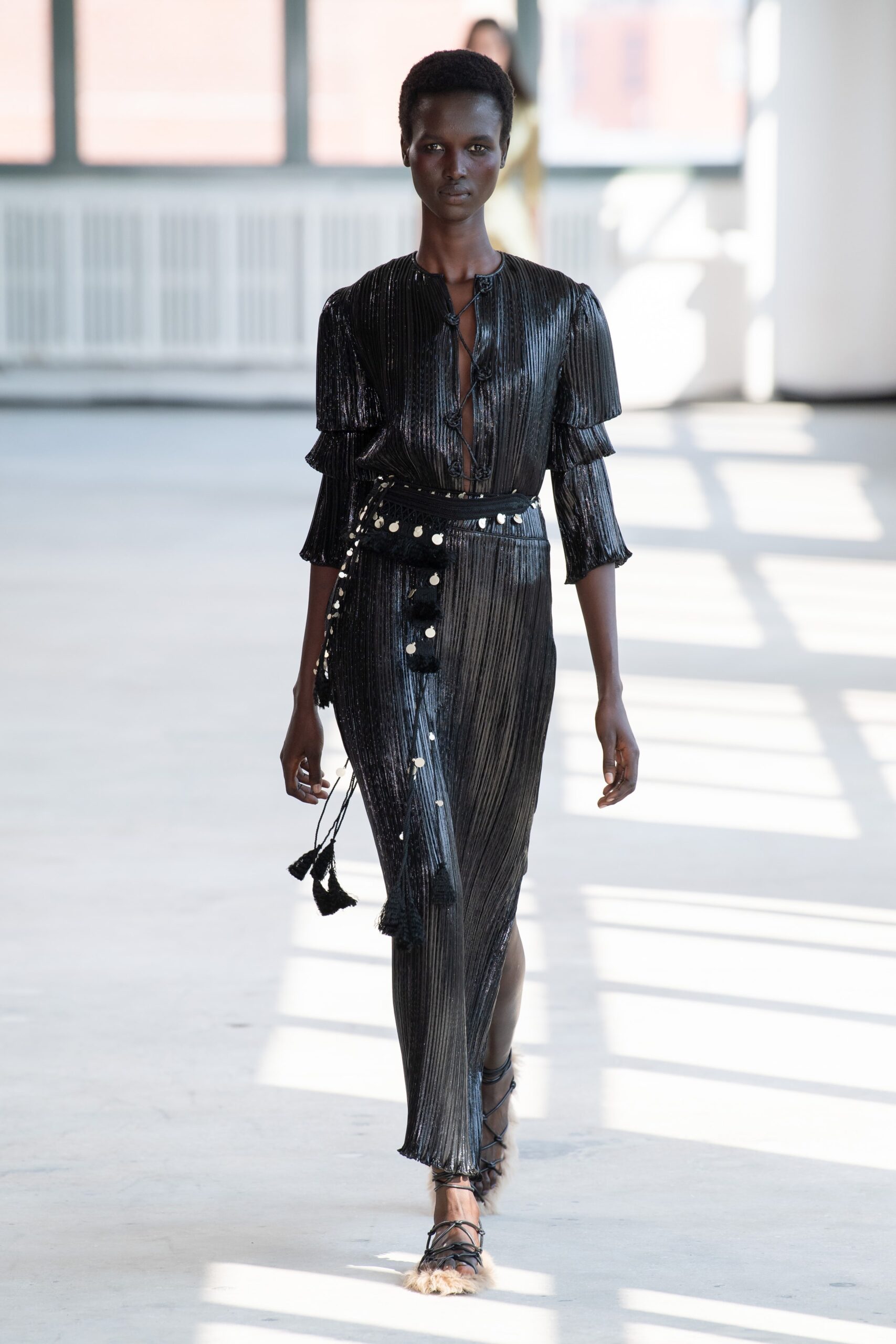 black silk pleated midi dress