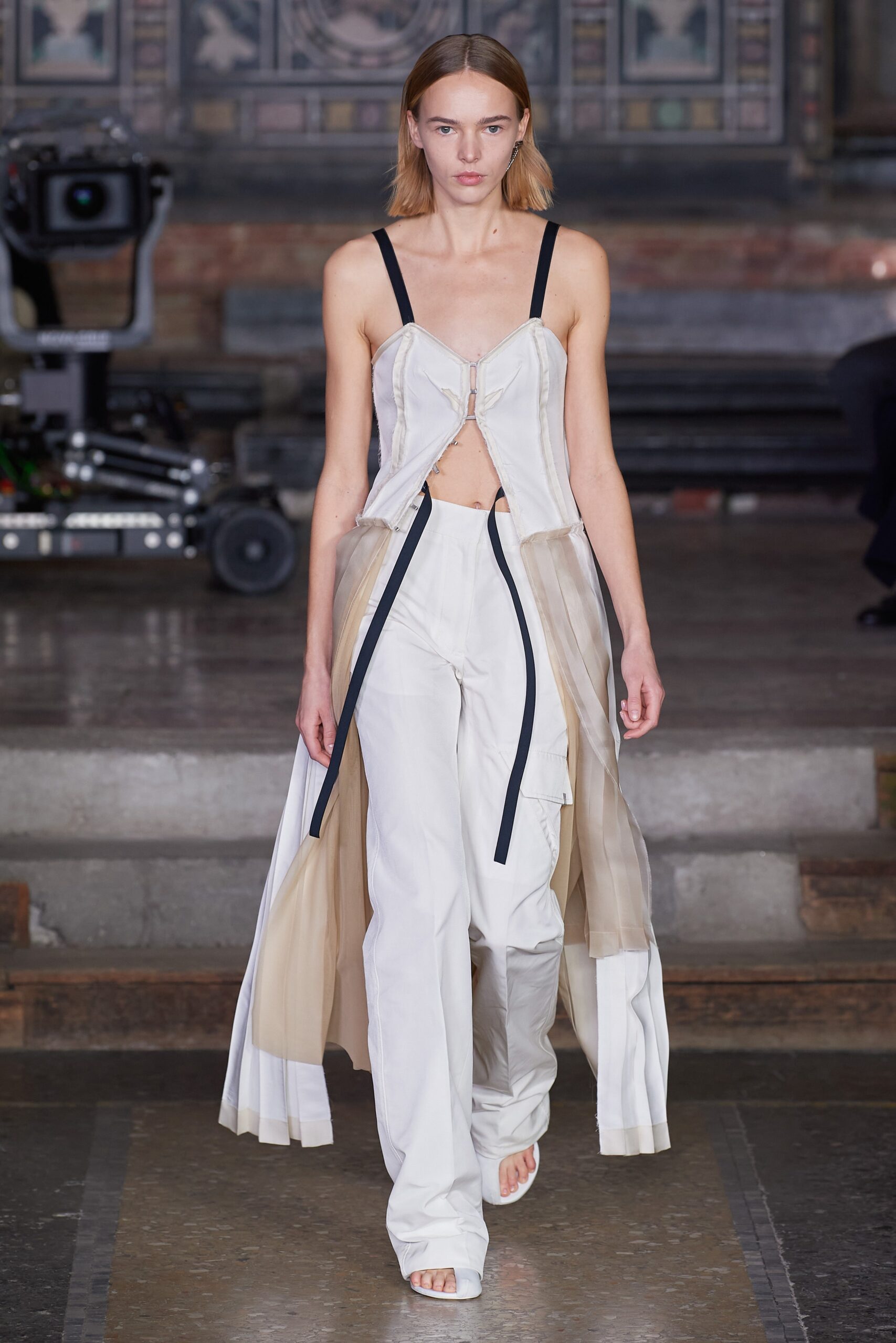 white silk midi dress with relaxed pants