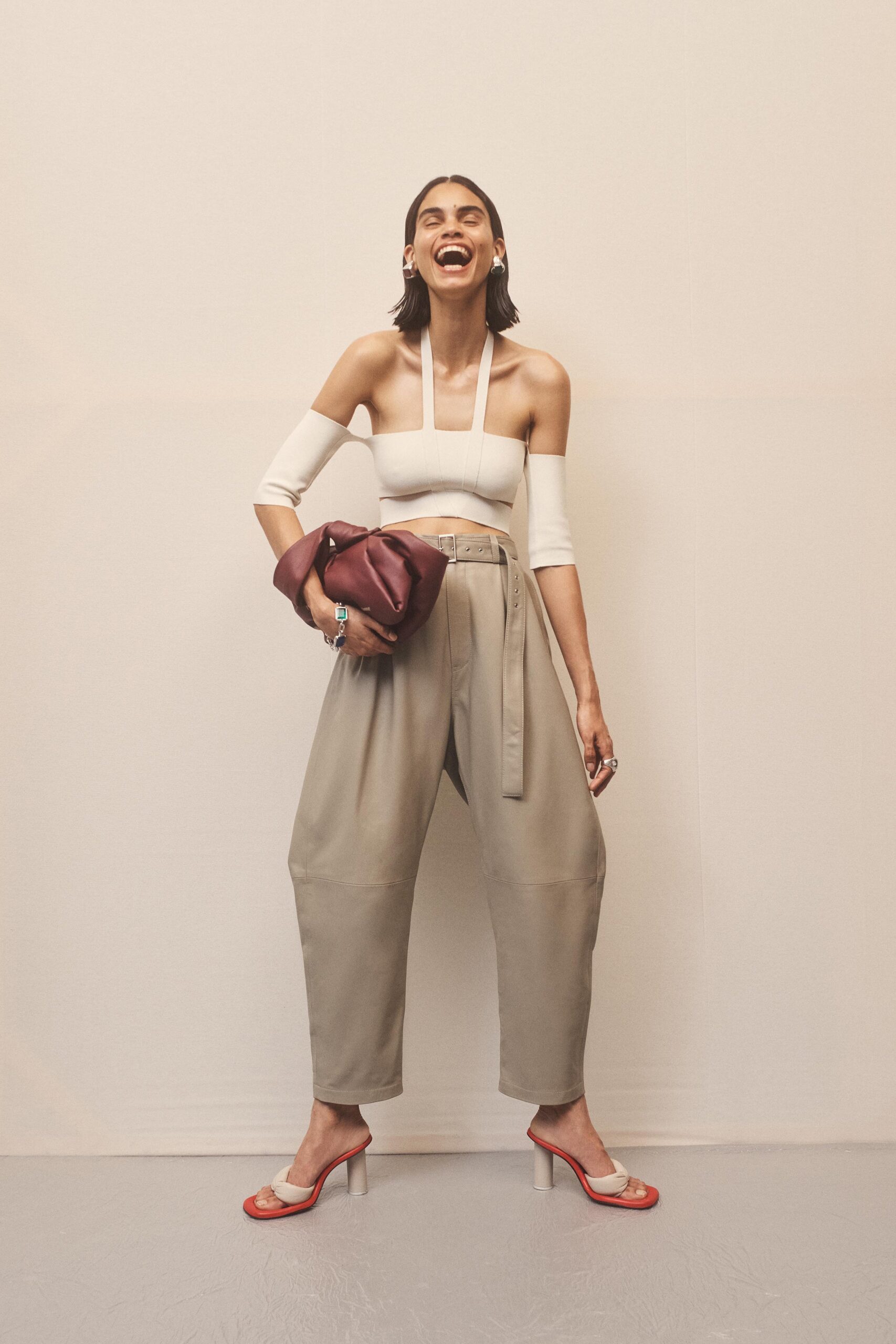 white fitted top with relaxed pants