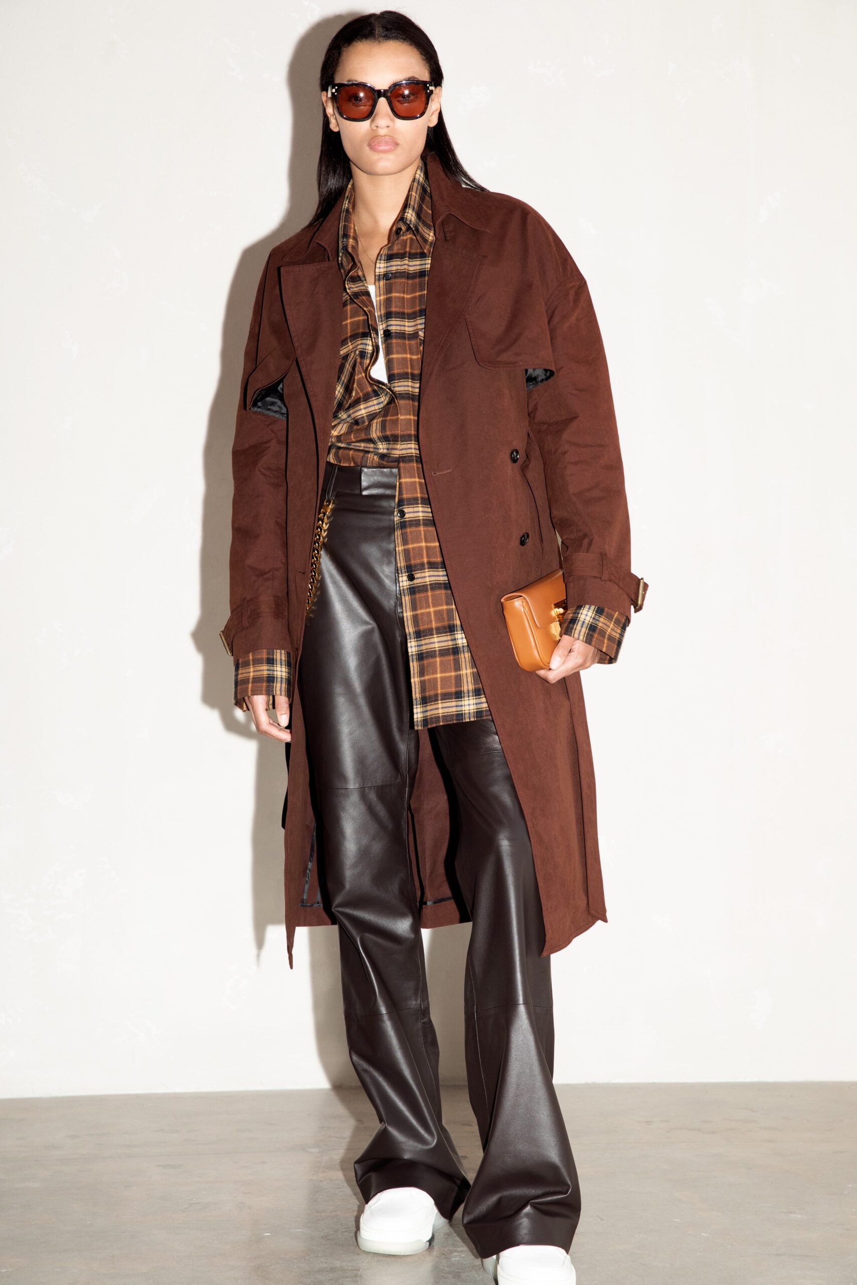 brown trench coat with checked shirt