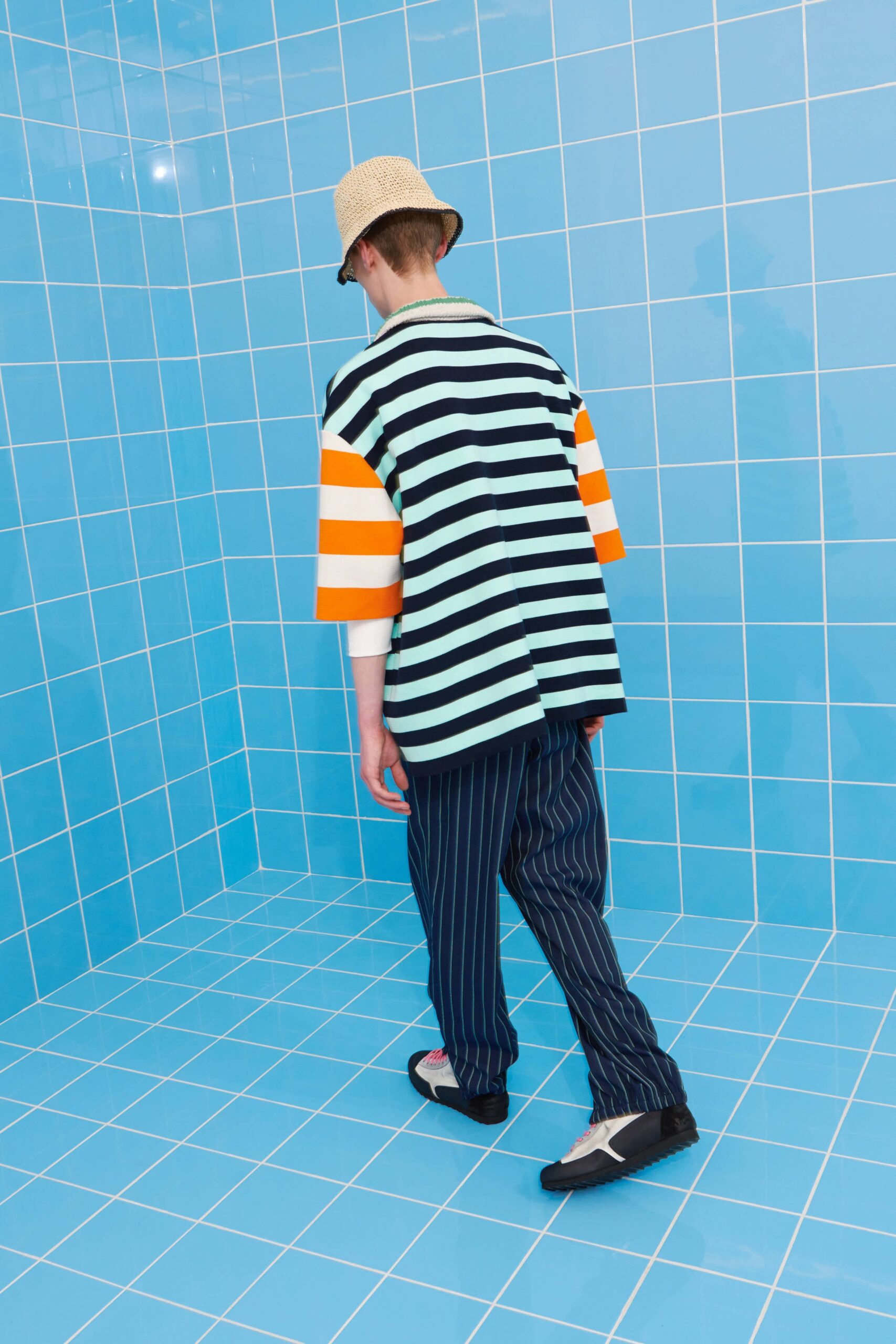 striped shirt and tailored pants