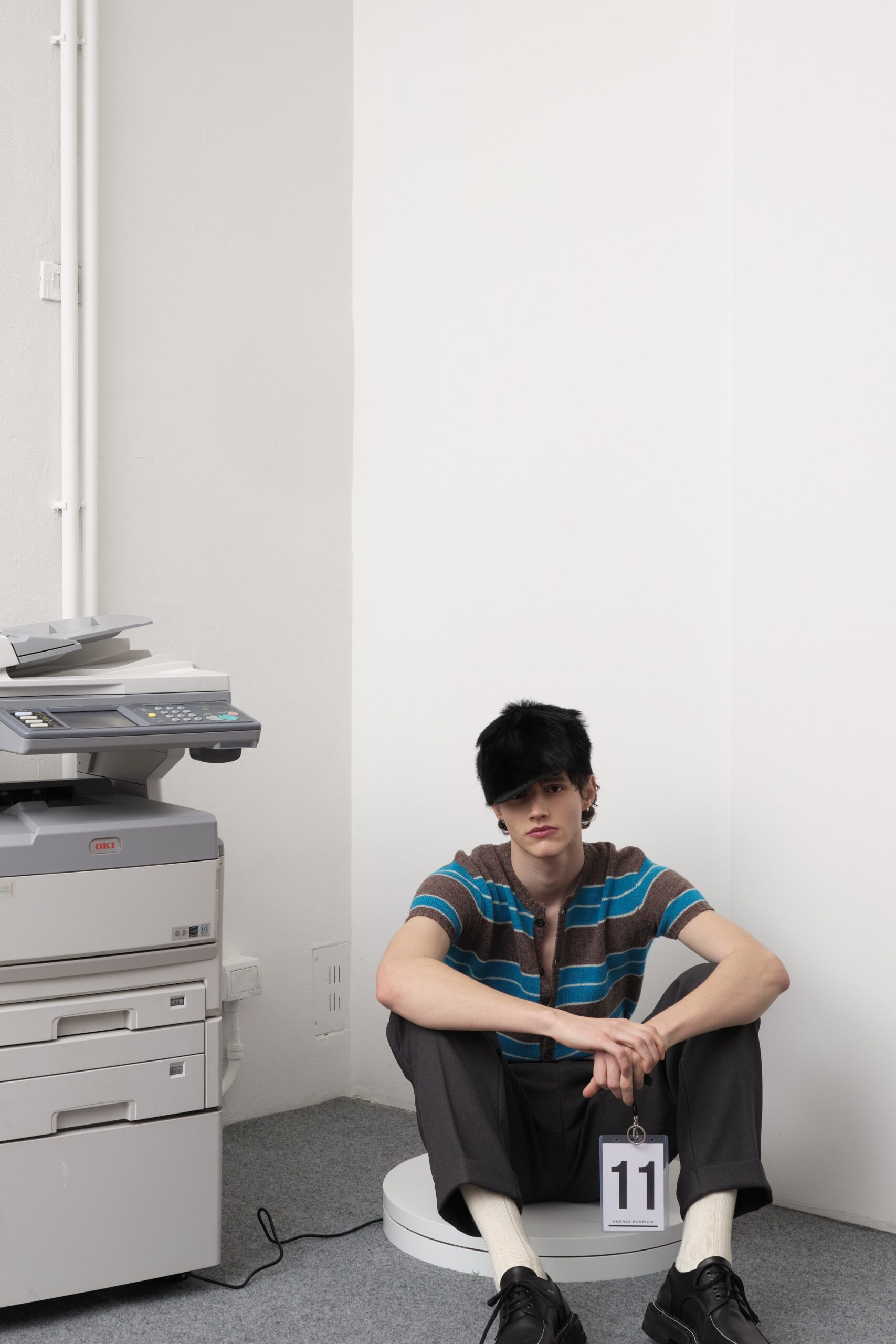 blue striped shirt gray tailored pants
