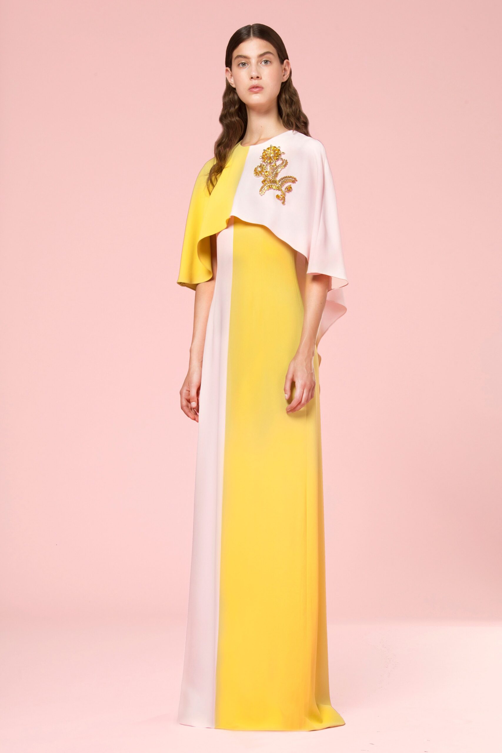 pink and yellow silk gown