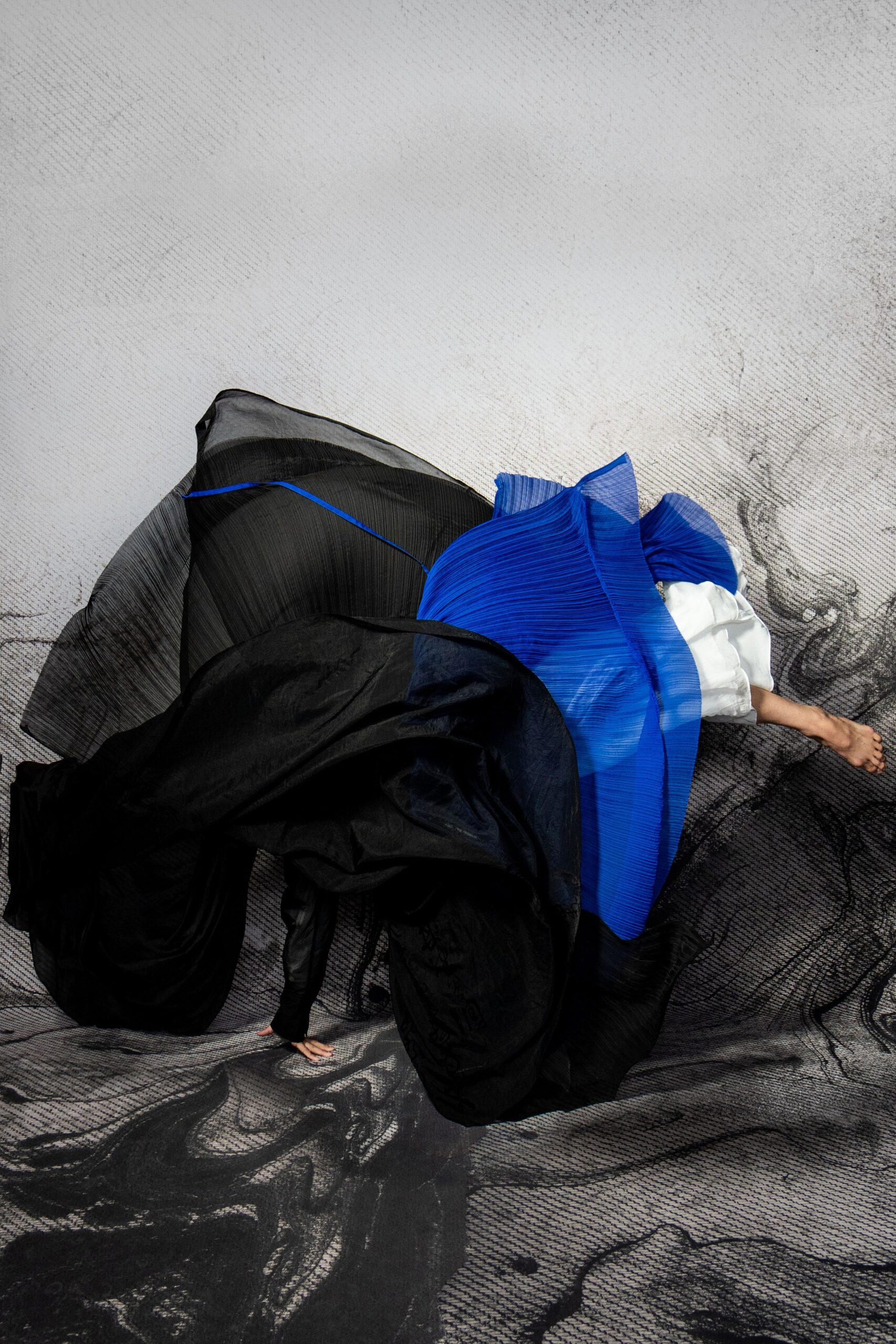 black and blue pleated maxi dress