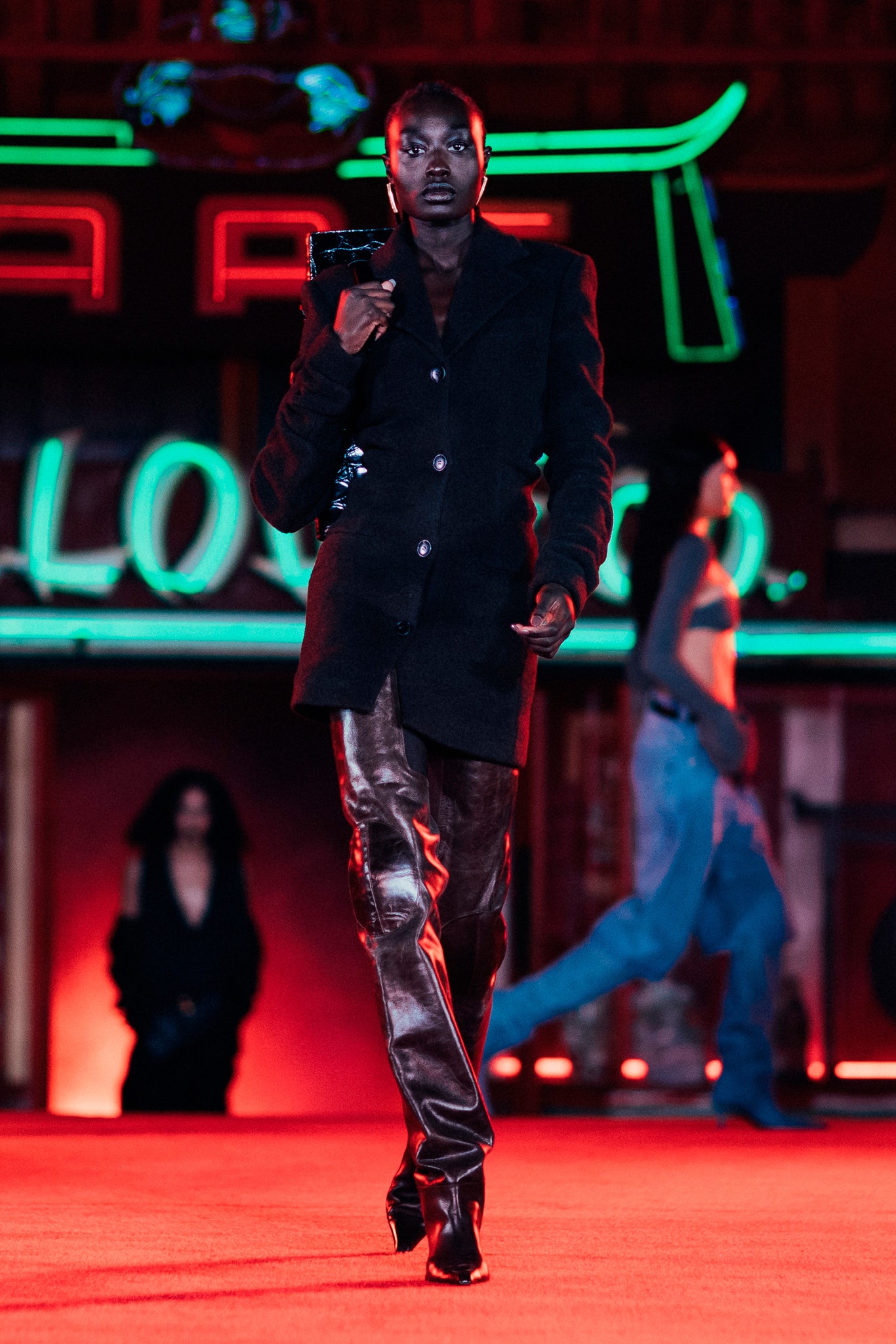 brown leather fitted straight-leg shiny pants