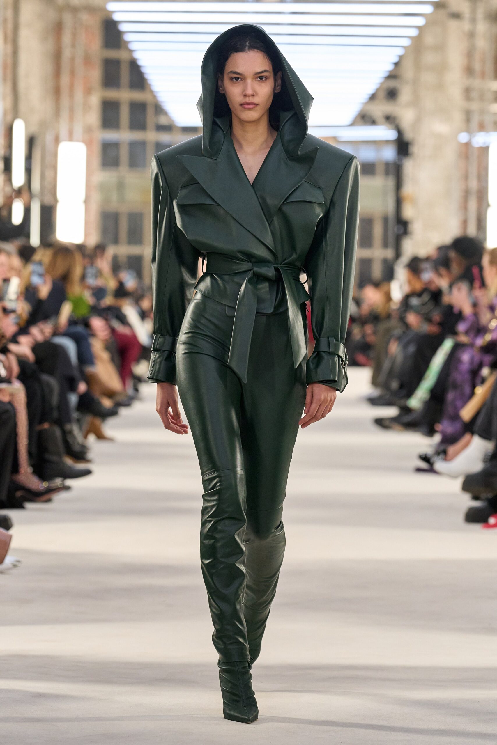 fitted green leather jumpsuit