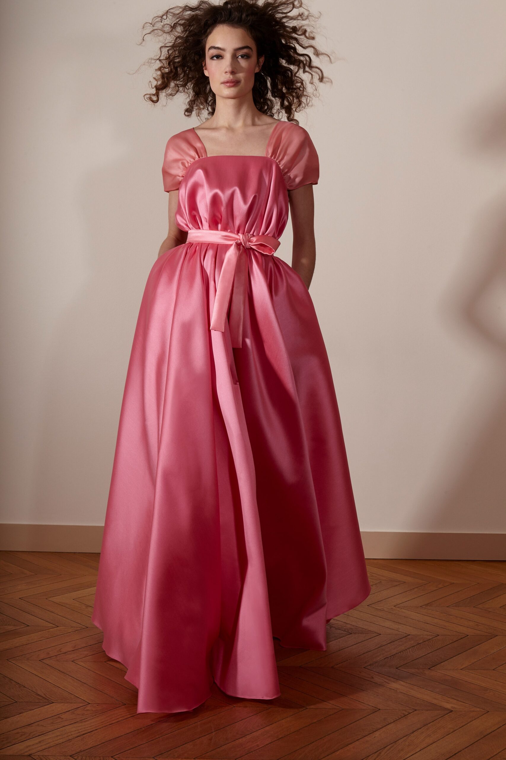 pink silk fitted gown