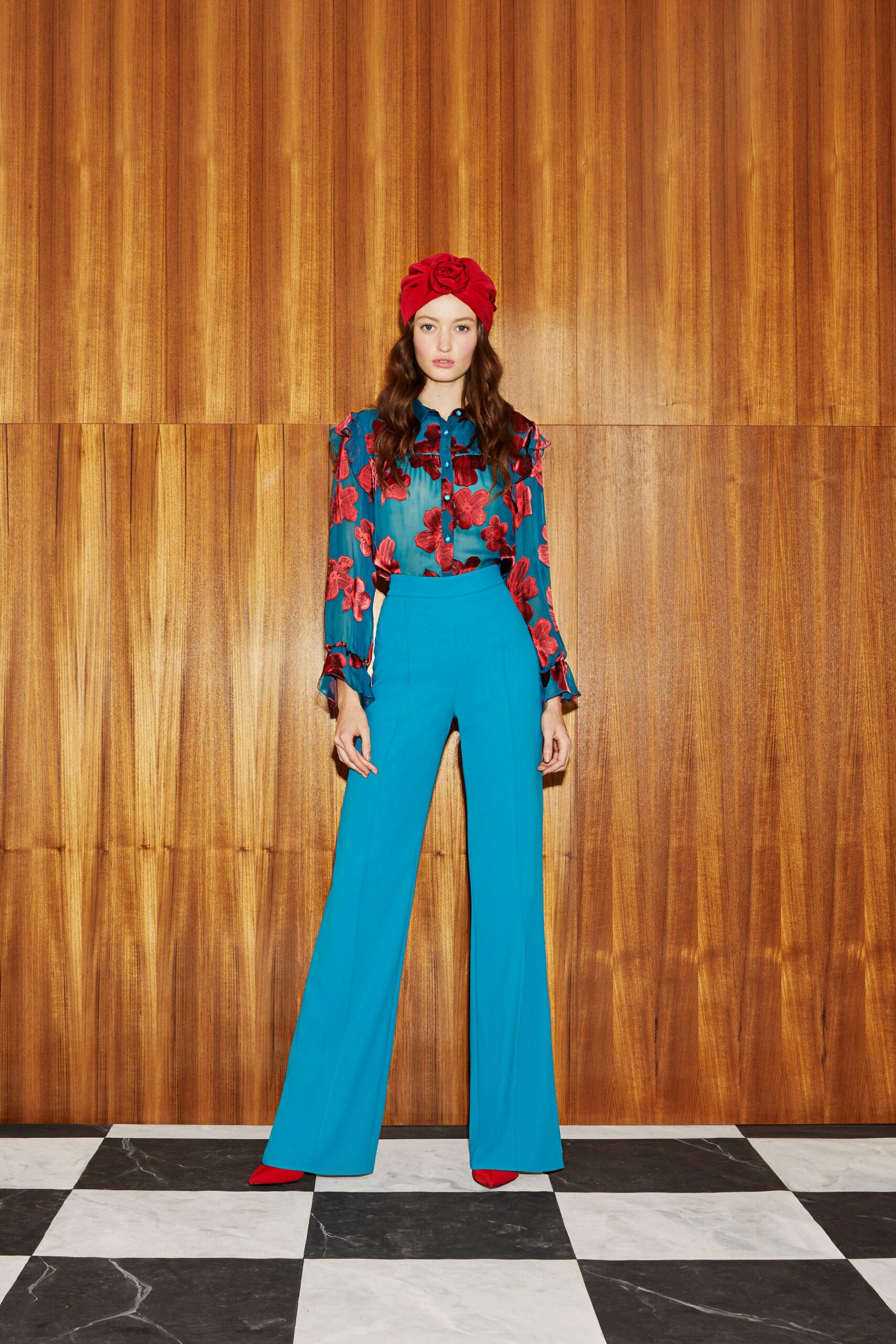 blue silk long-sleeve collared fitted floral ruffled blouse